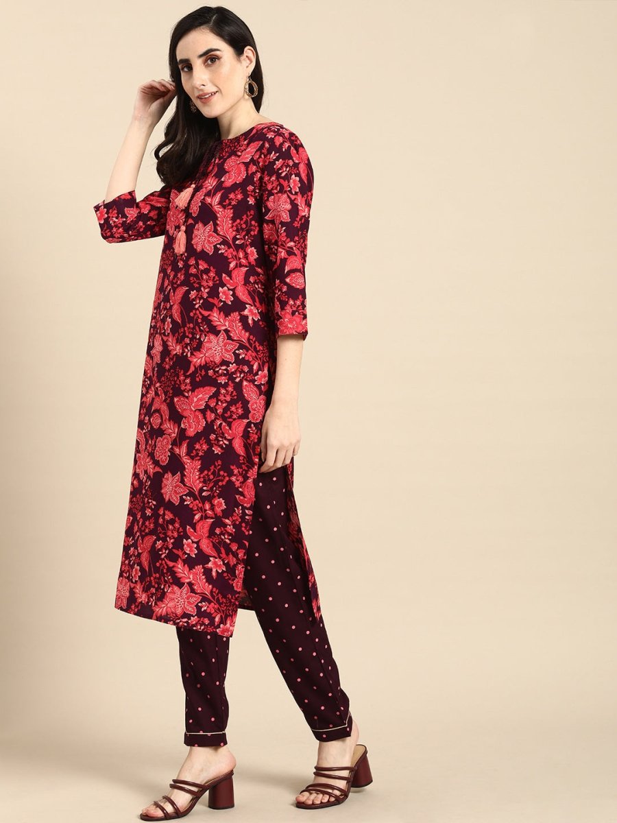 All About You Women Purple & Red Floral Printed Regular Kurta with Trousers