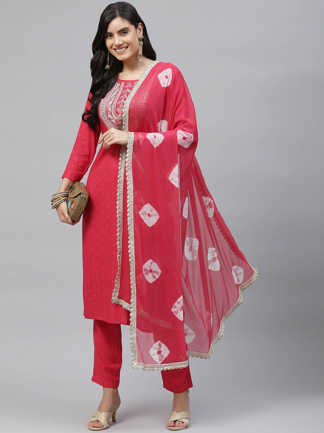 HERE&NOW Women Red Embroidered Kurta with Trousers & With Dupatta