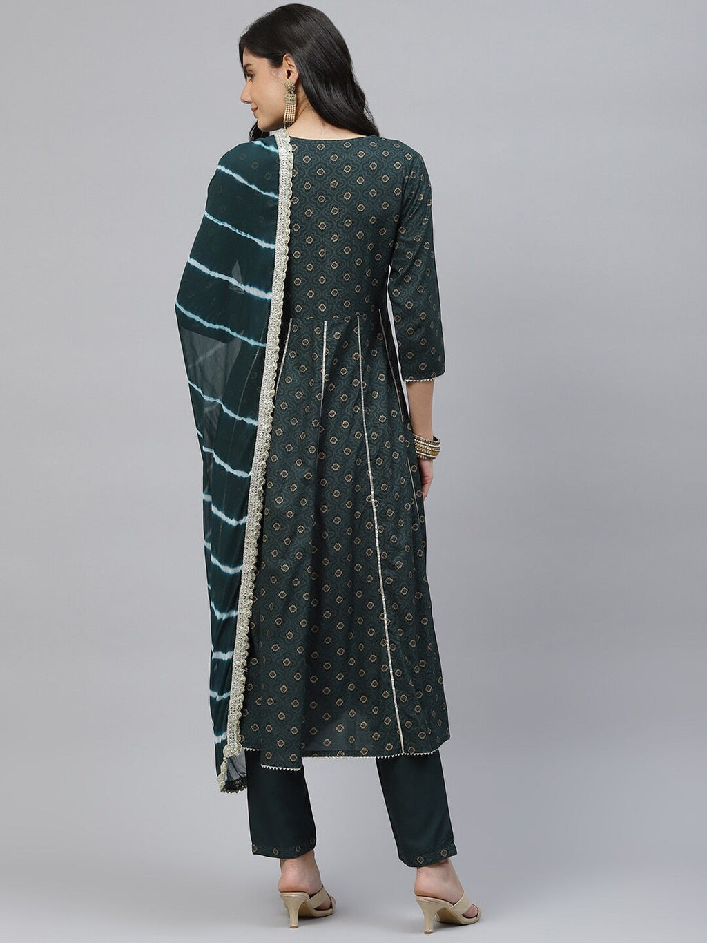 HERE&NOW Women Green Floral Embroidered Empire Kurta with Trousers & With Dupatta