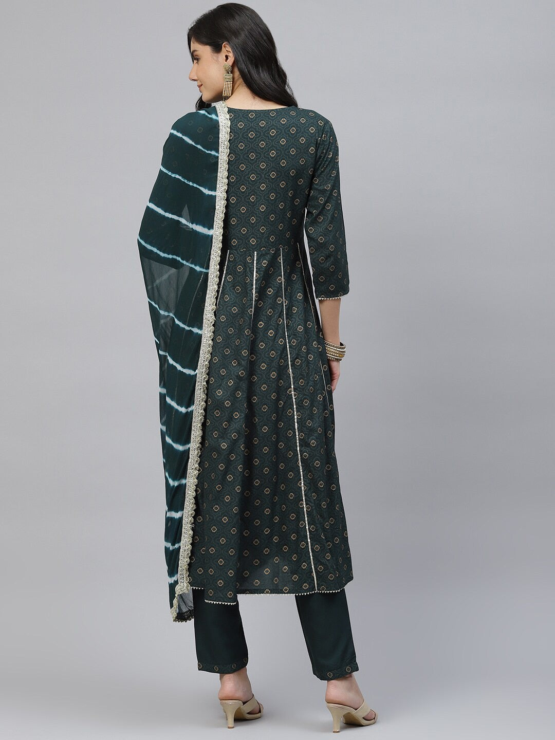 HERE&NOW Women Green Floral Embroidered Empire Kurta with Trousers & With Dupatta