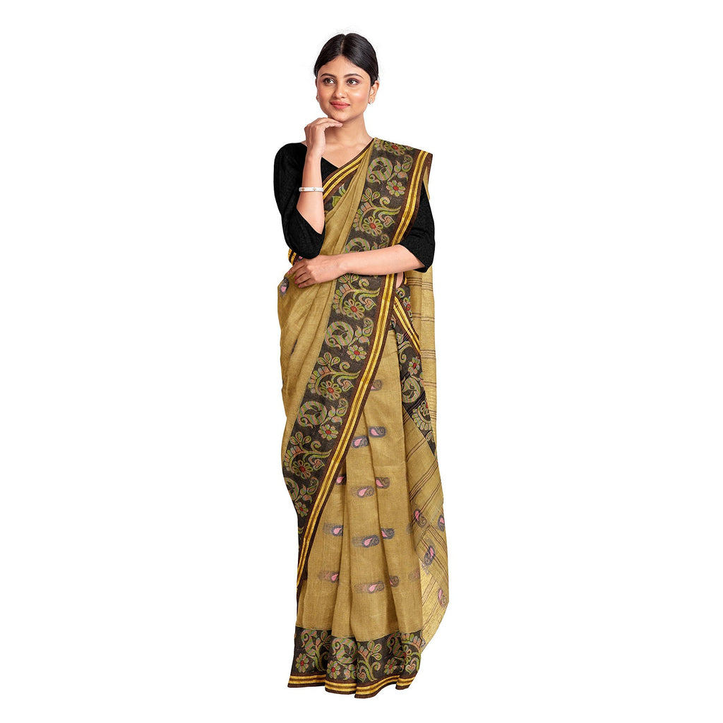 Exclusive Collection 100% Pure Cotton Dark Mustard Tant Saree With Hand Weaving Work