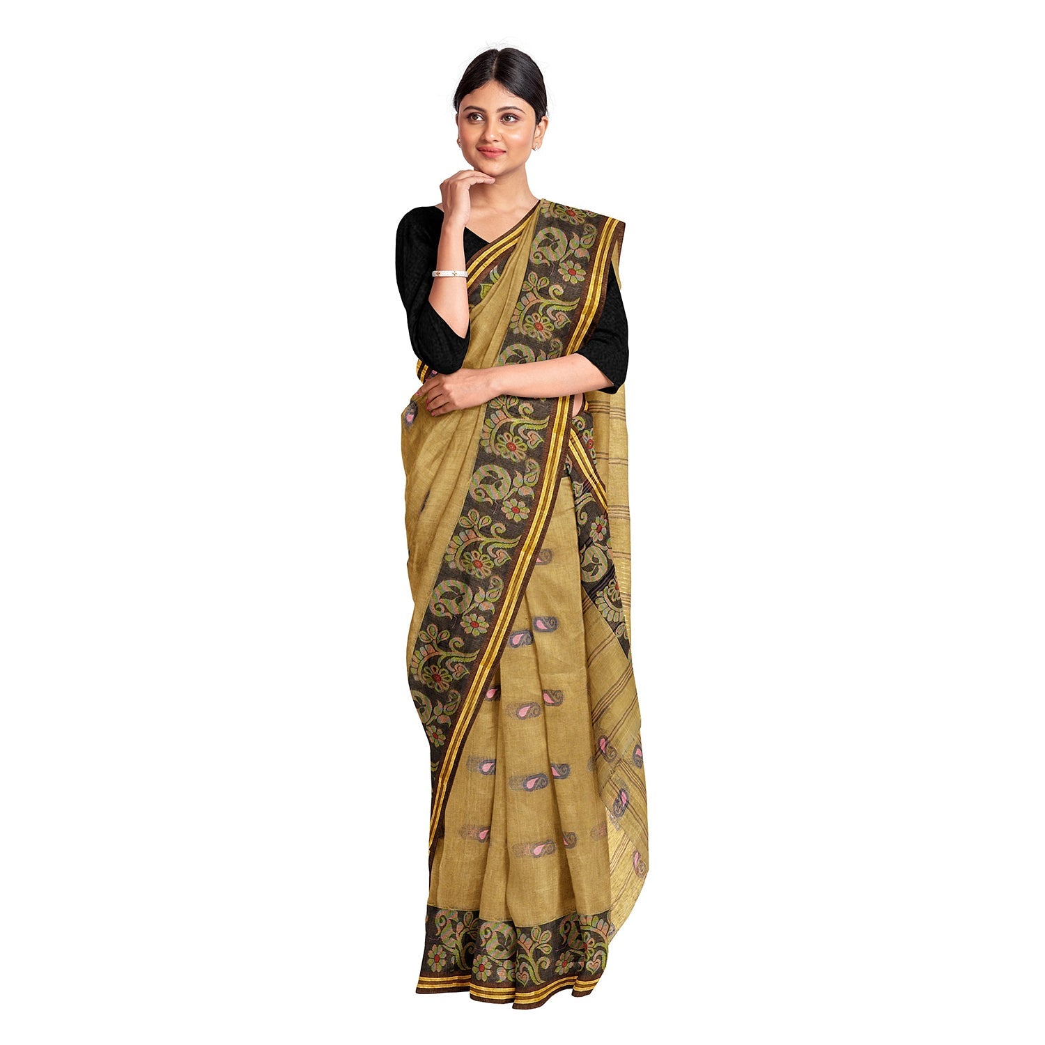 Exclusive Collection 100% Pure Cotton Dark Mustard Tant Saree With Hand Weaving Work