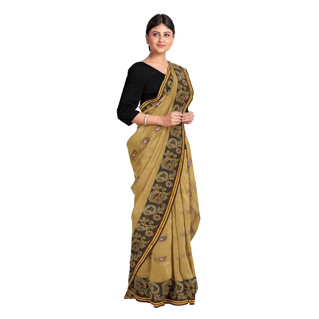 Exclusive Collection 100% Pure Cotton Dark Mustard Tant Saree With Hand Weaving Work