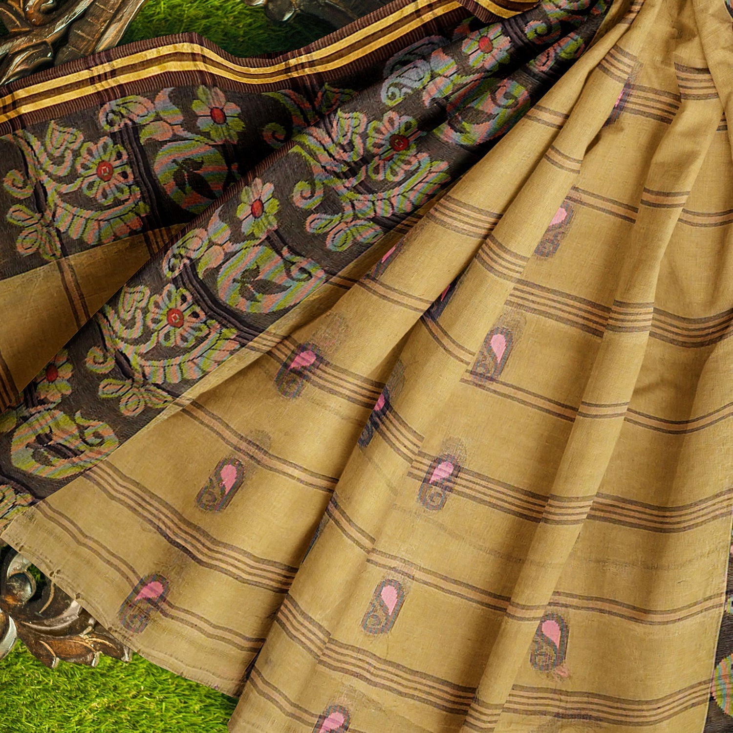 Exclusive Collection 100% Pure Cotton Dark Mustard Tant Saree With Hand Weaving Work