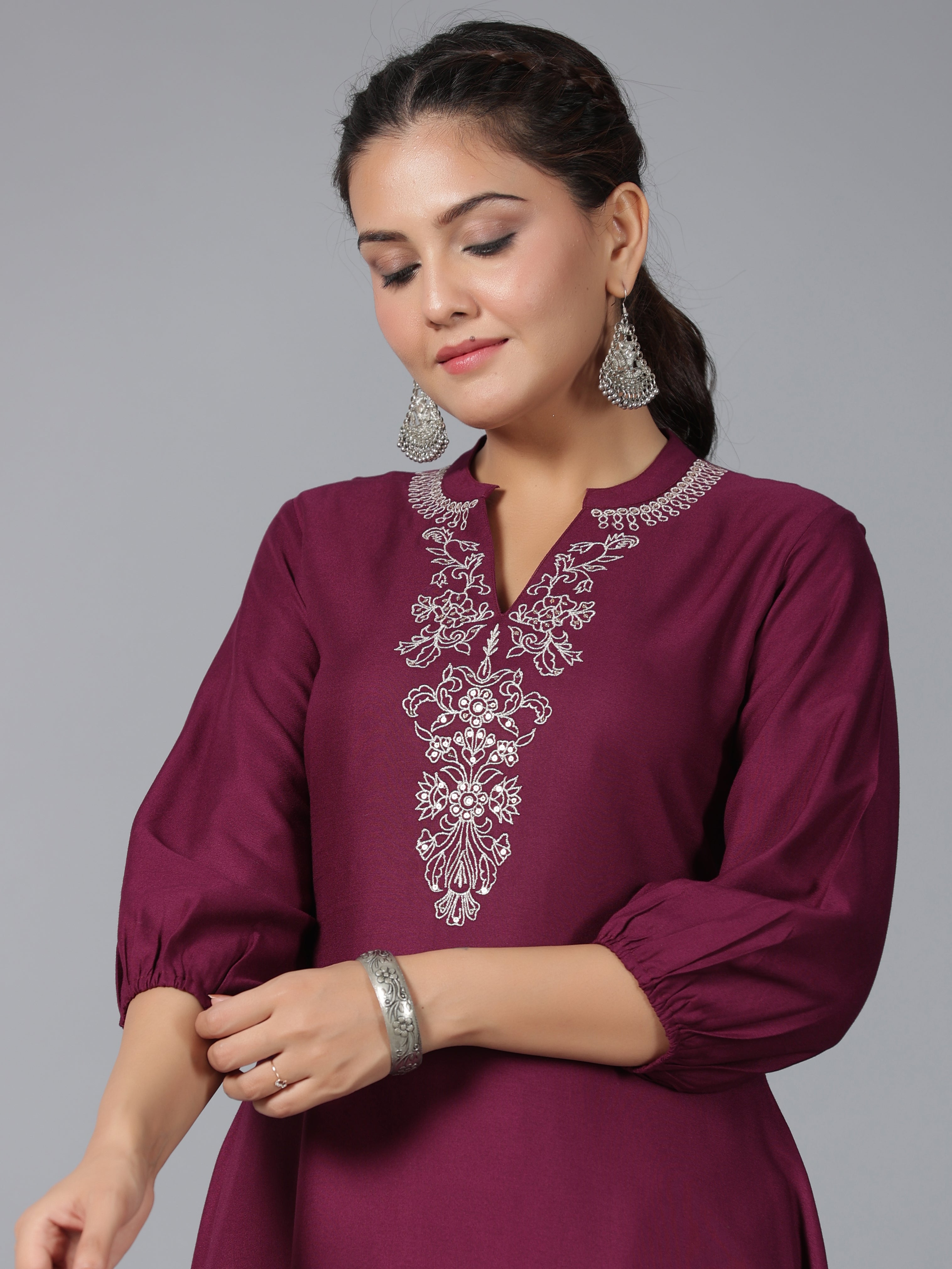 Juniper Women Maroon Rayon Embroidered Asymmetric Kurta & Pants Set
