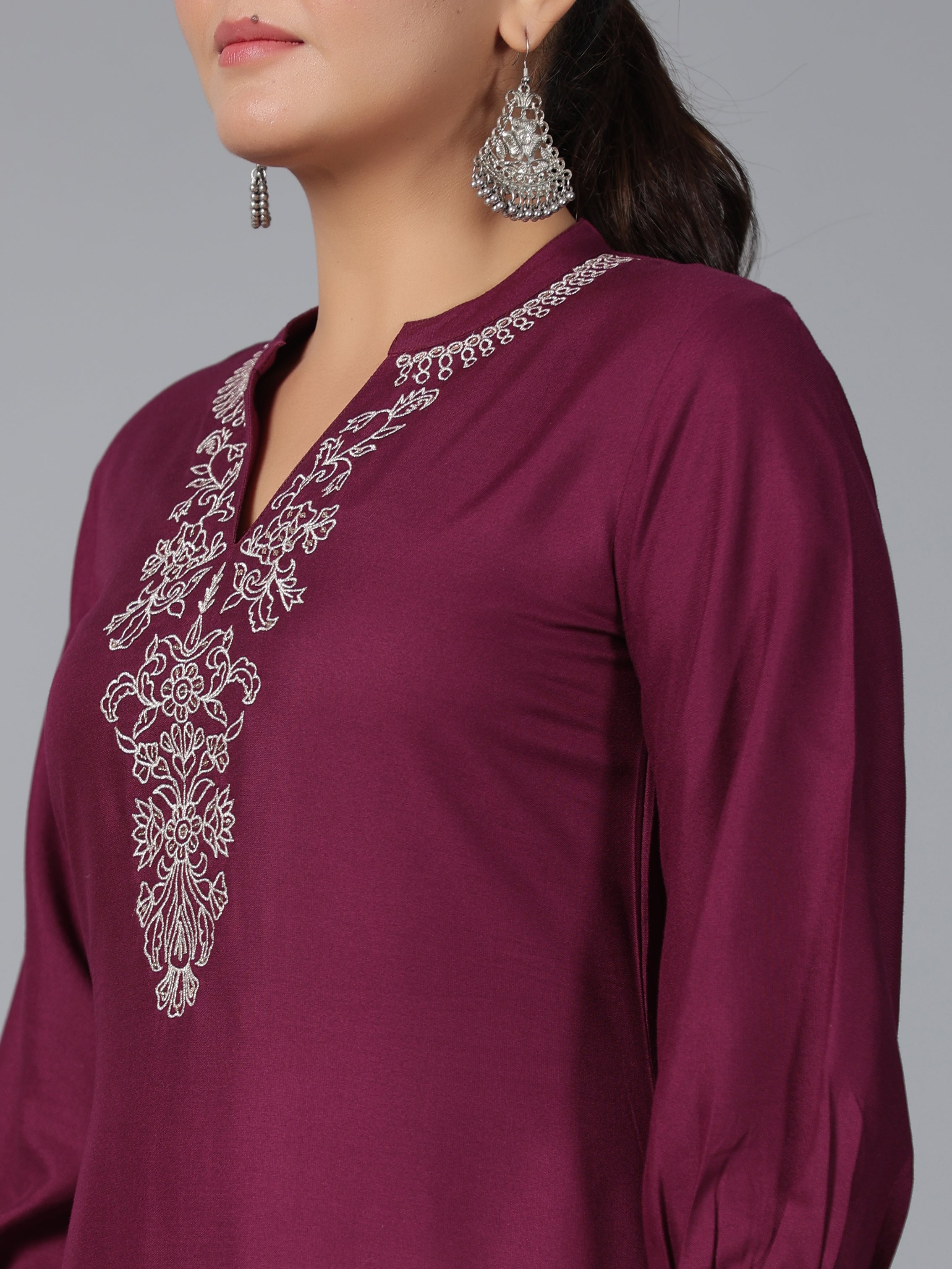 Juniper Women Maroon Rayon Embroidered Asymmetric Kurta & Pants Set