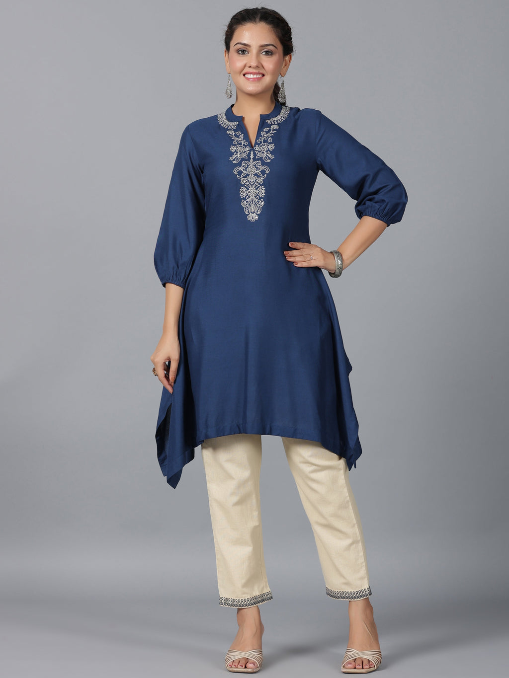 Juniper Women Navy Blue Rayon Embroidered Asymmetric Kurta & Pants Set