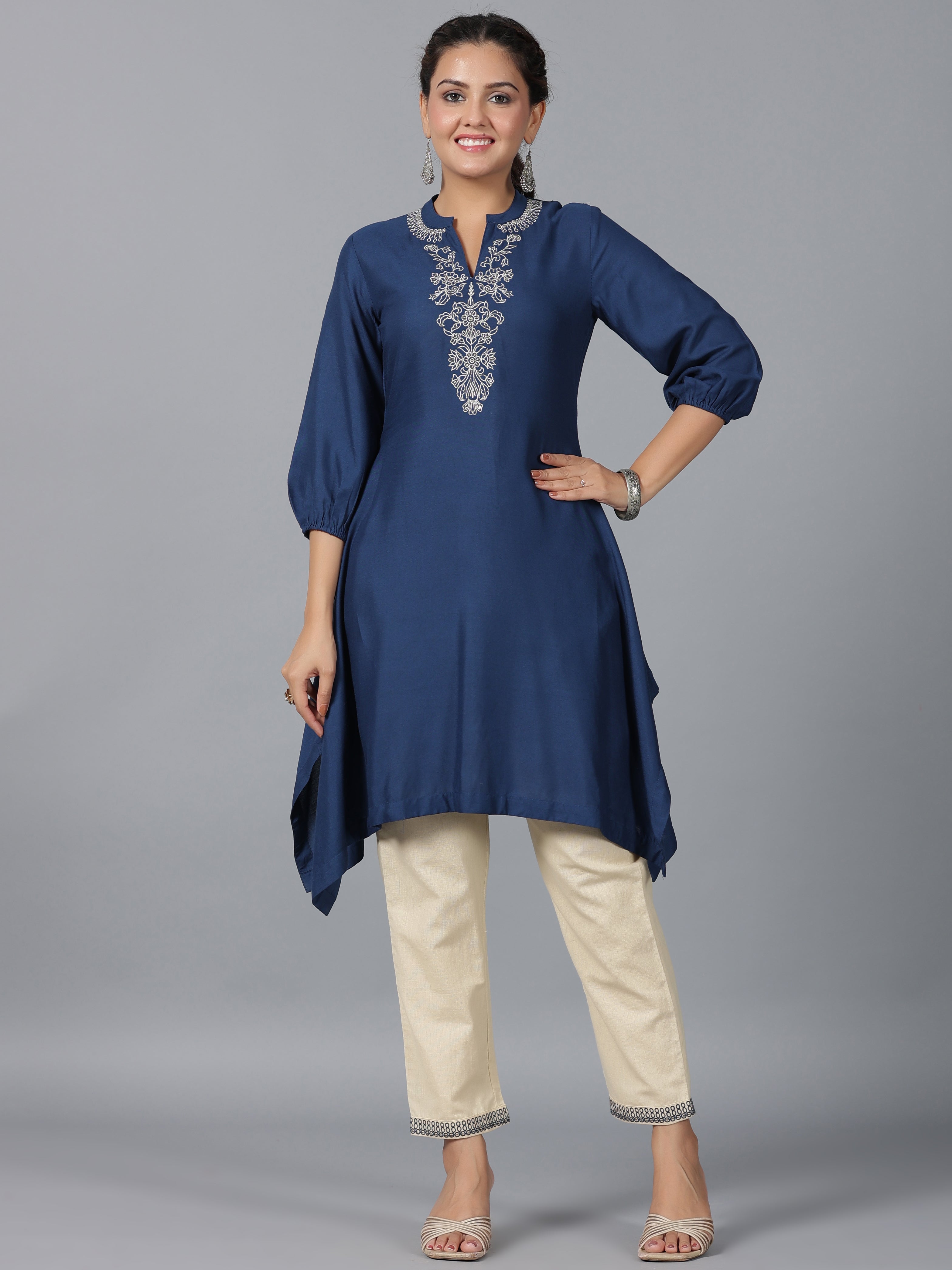 Juniper Women Navy Blue Rayon Embroidered Asymmetric Kurta & Pants Set