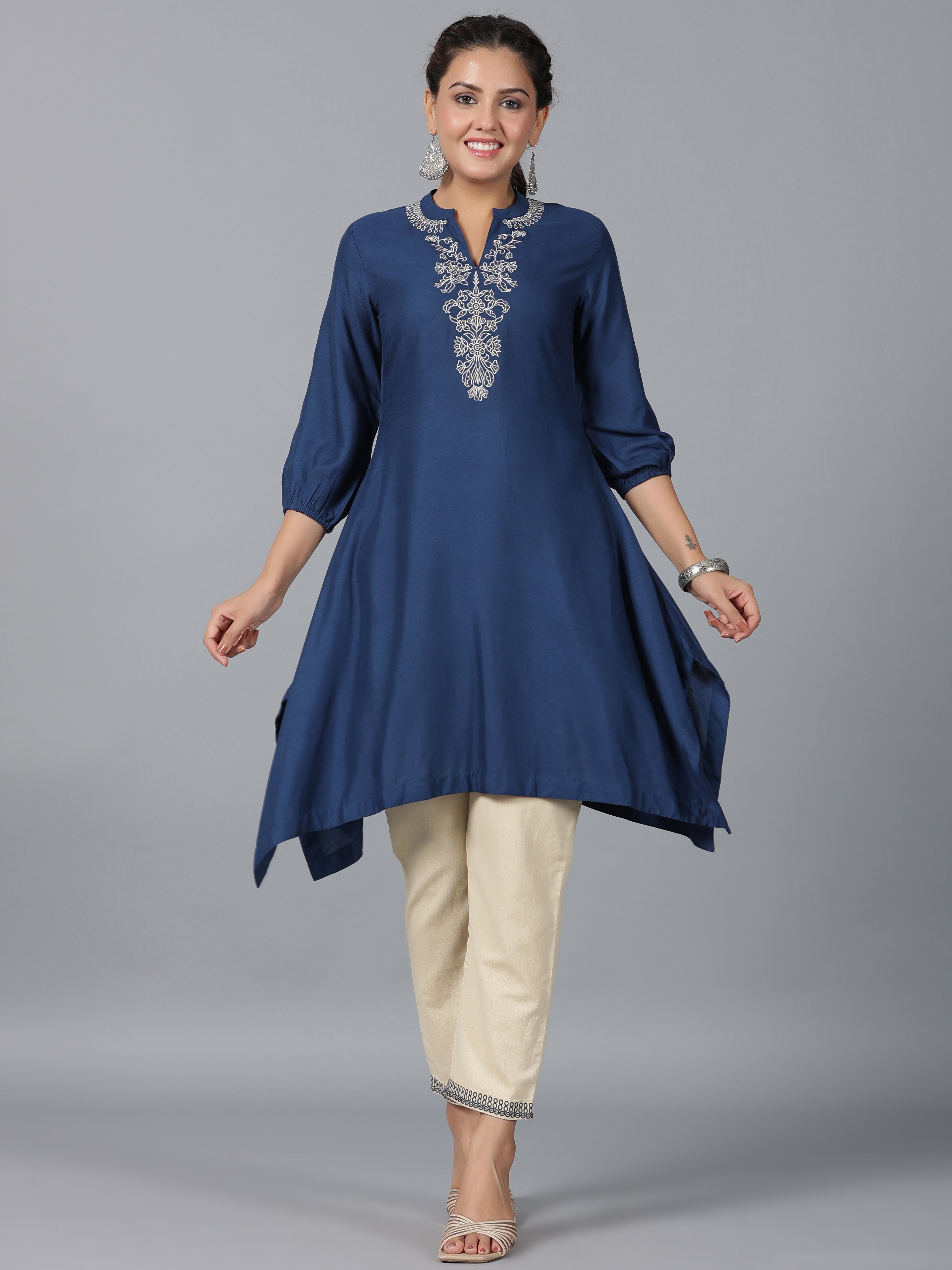 Juniper Women Navy Blue Rayon Embroidered Asymmetric Kurta & Pants Set
