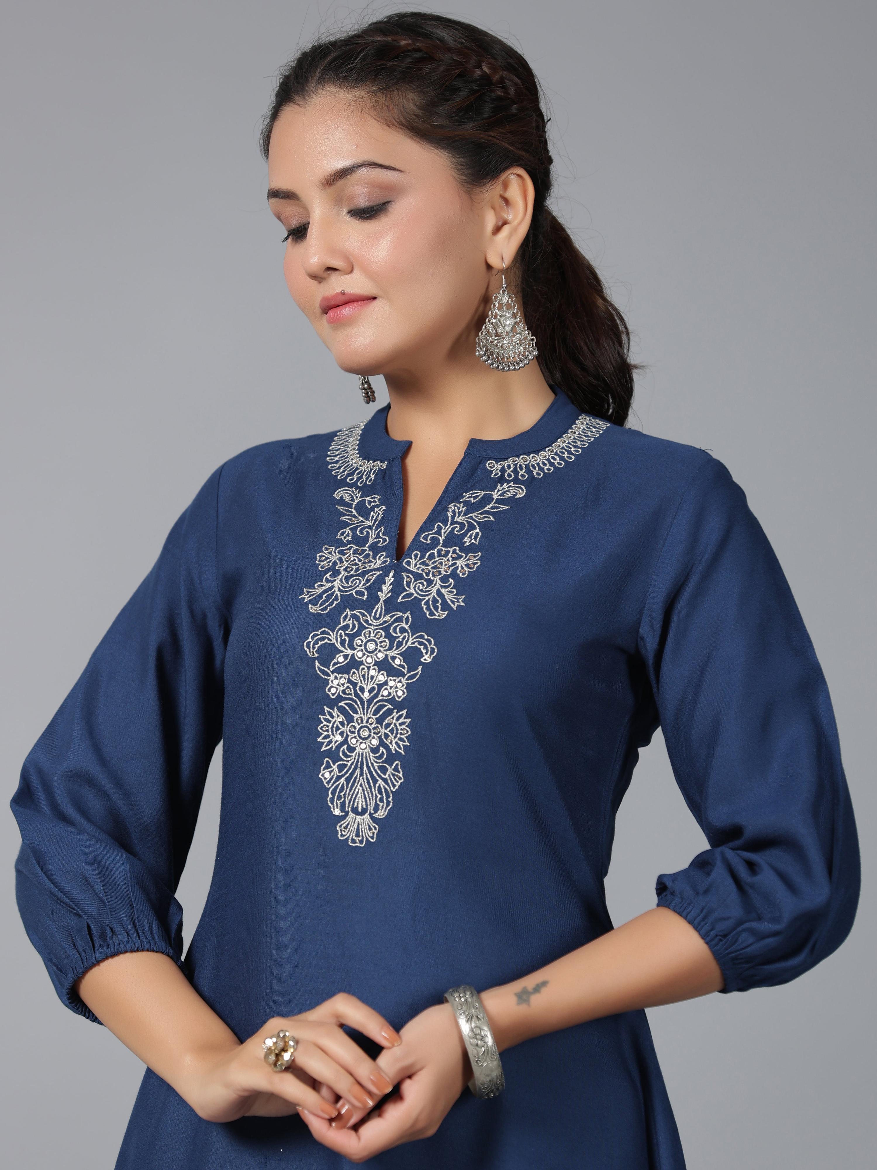 Juniper Women Navy Blue Rayon Embroidered Asymmetric Kurta & Pants Set