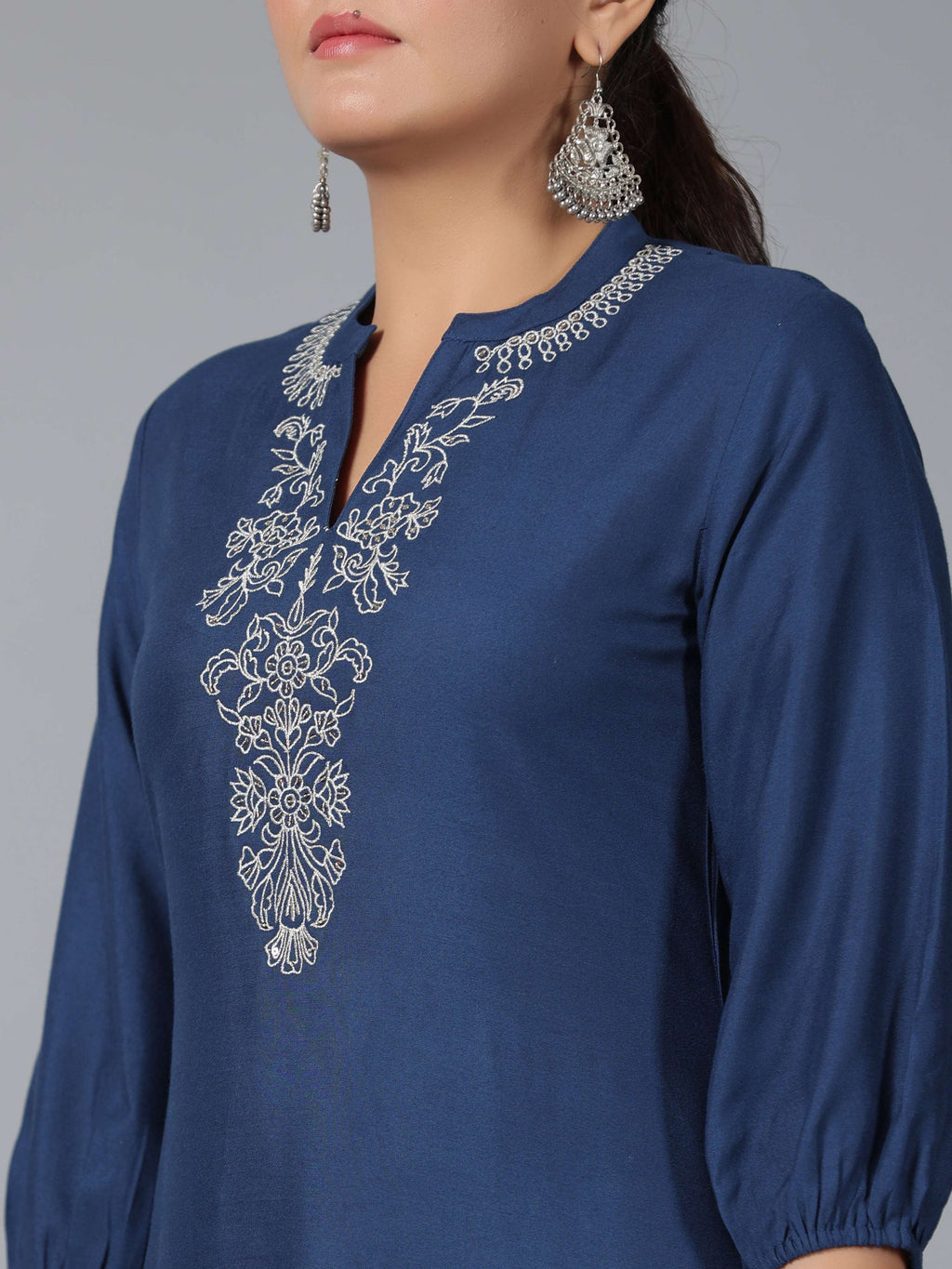 Juniper Women Navy Blue Rayon Embroidered Asymmetric Kurta & Pants Set