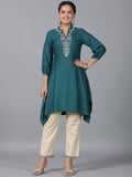 Juniper Women Teal Rayon Embroidered Asymmetric Kurta & Pants Set