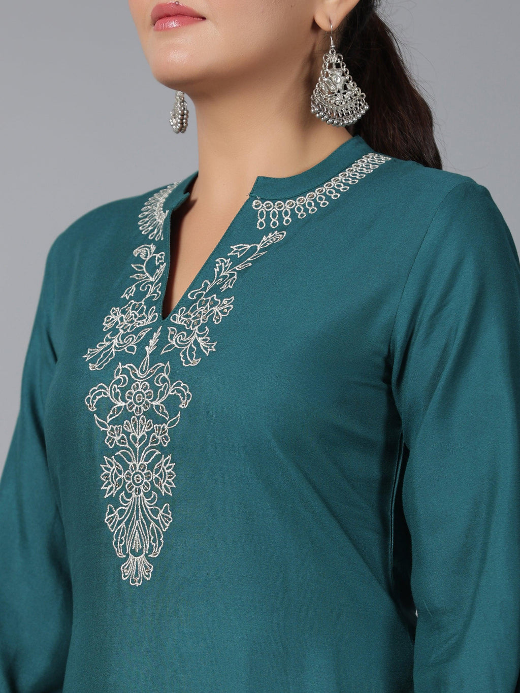Juniper Women Teal Rayon Embroidered Asymmetric Kurta & Pants Set