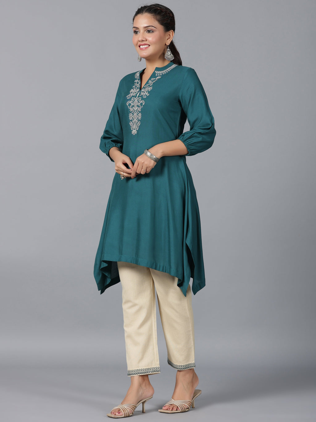 Juniper Women Teal Rayon Embroidered Asymmetric Kurta & Pants Set