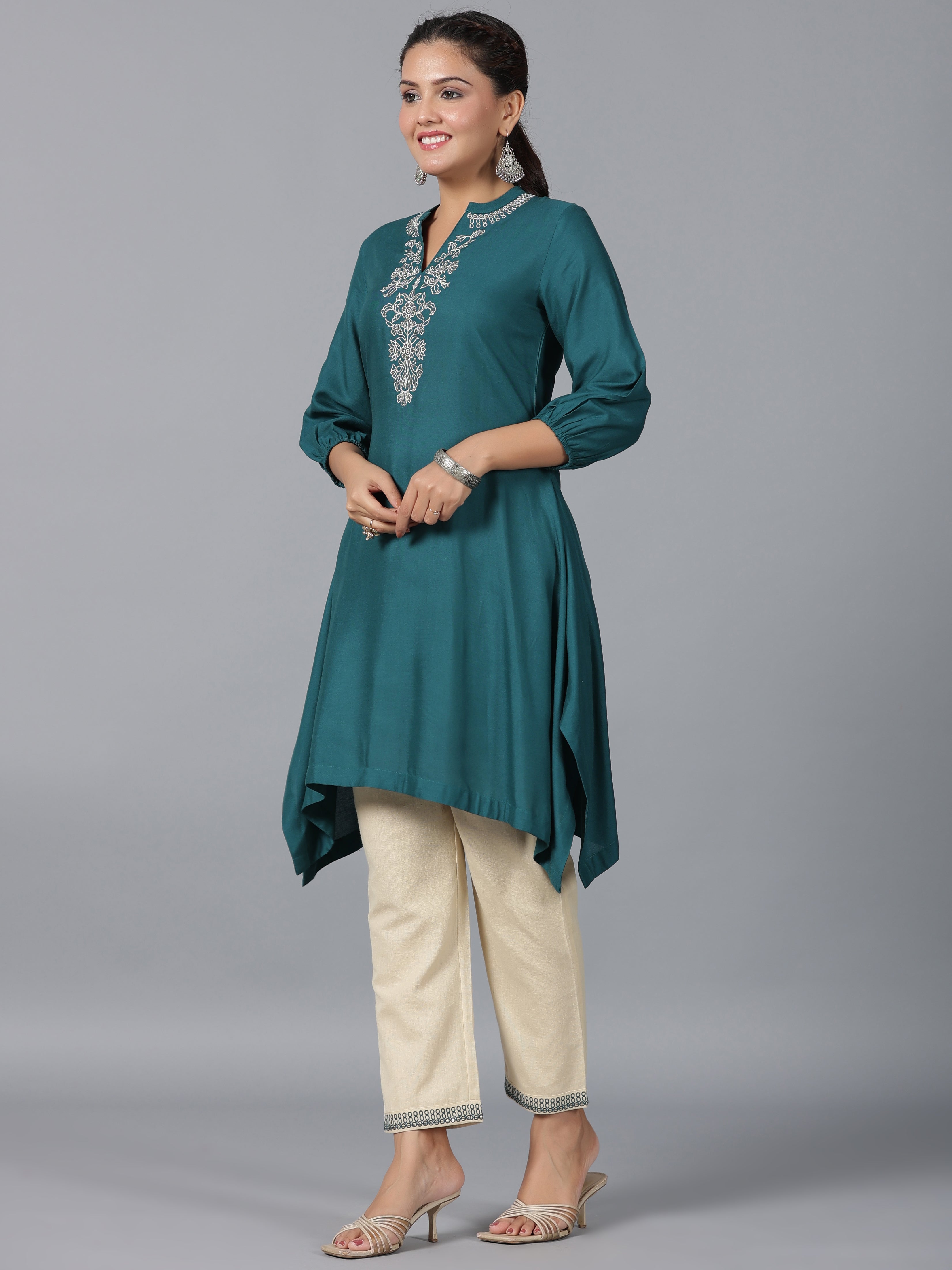 Juniper Women Teal Rayon Embroidered Asymmetric Kurta & Pants Set