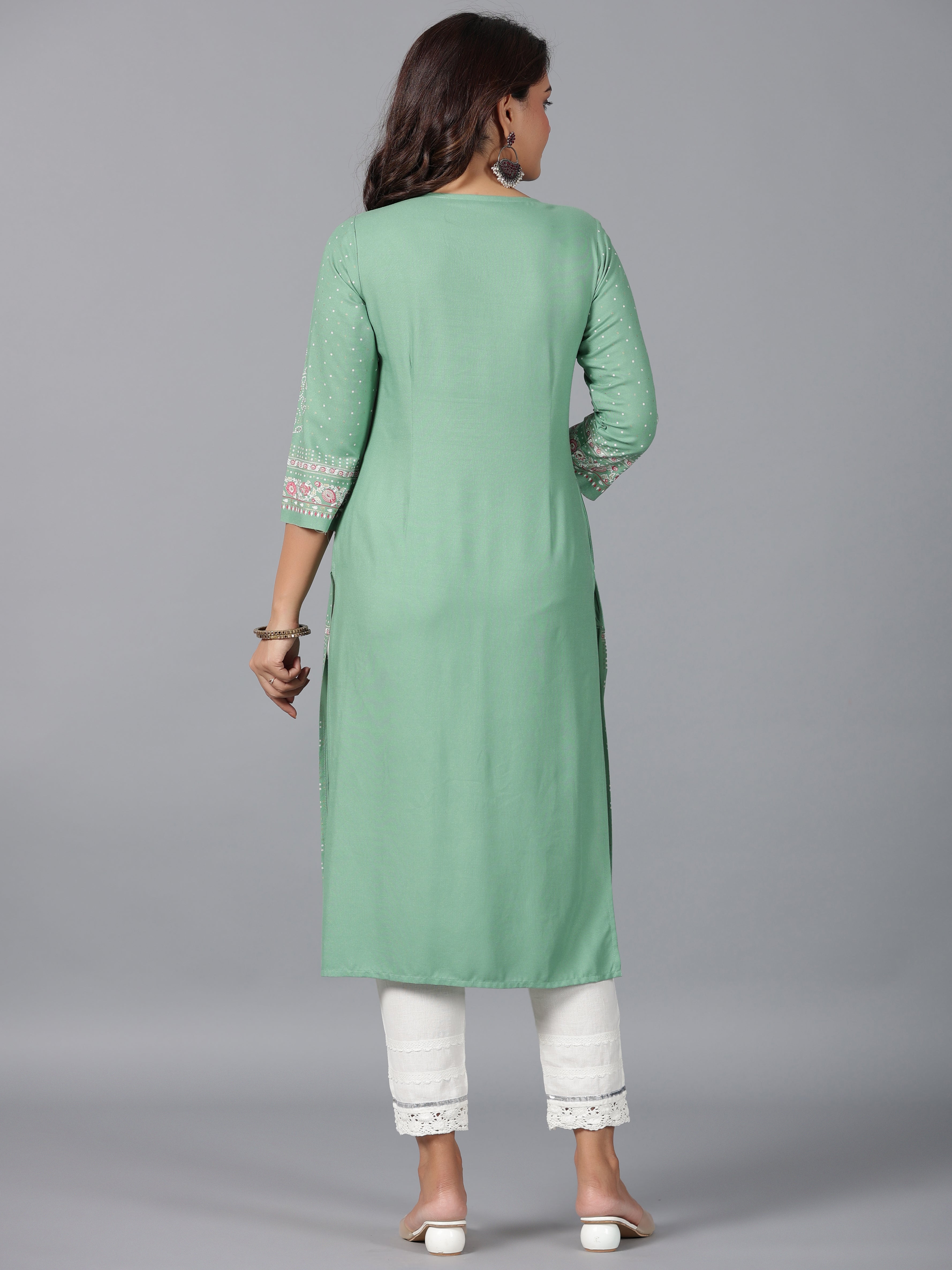 Juniper Women Sage Green Rayon Printed Straight Kurta