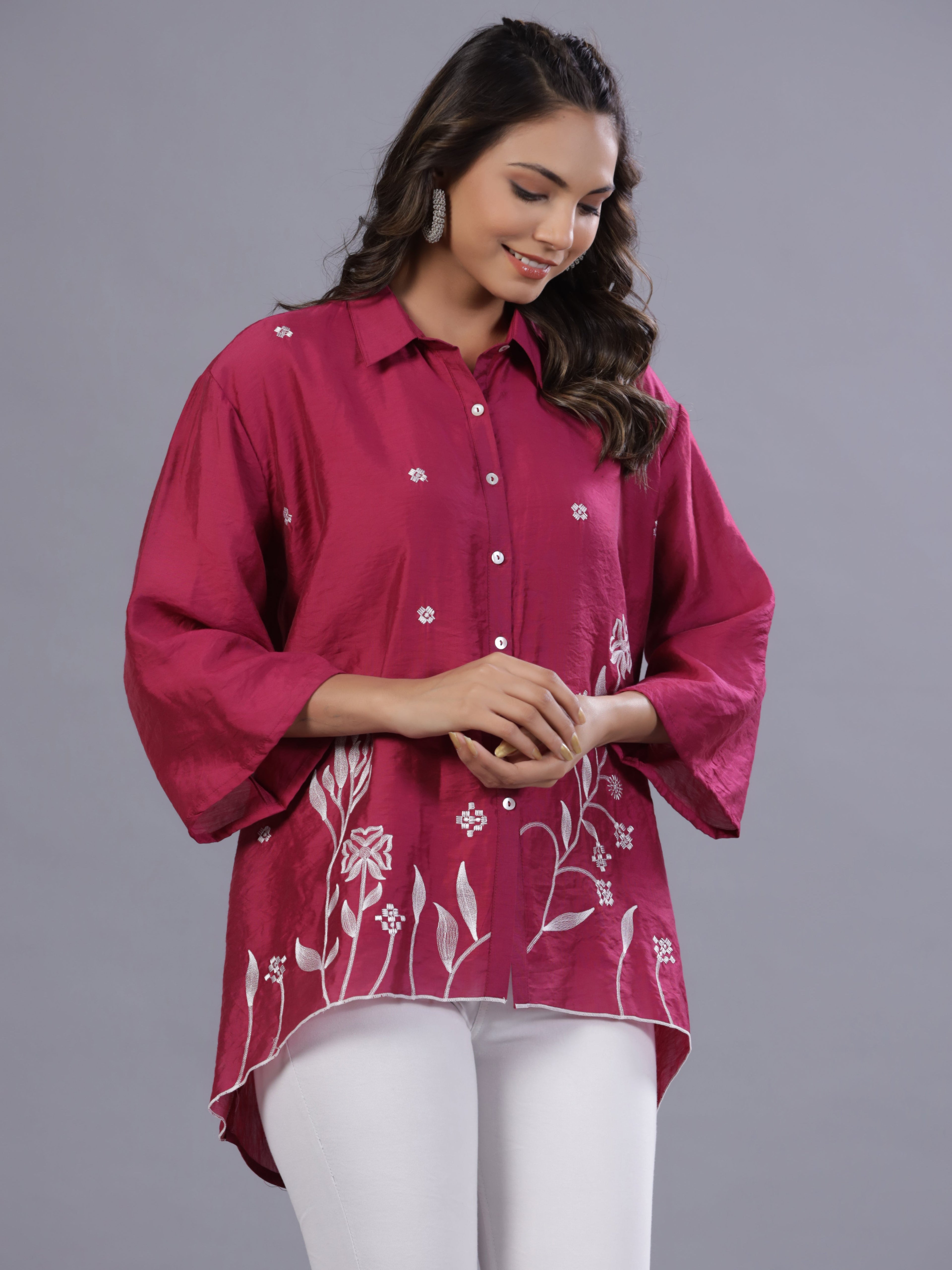 Juniper Women Fuchsia Chanderi Embroidered Clothing Set