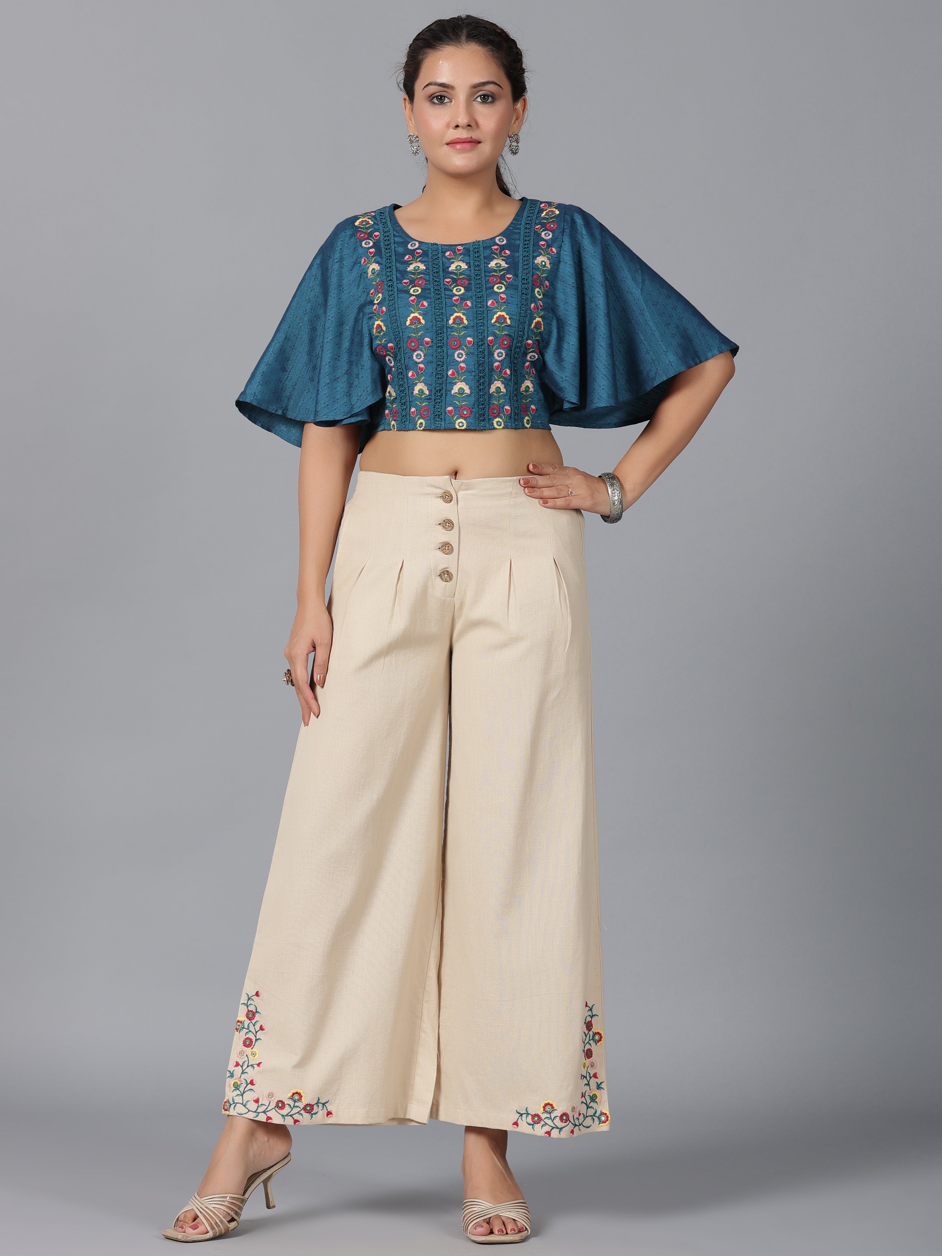 Juniper Women Blue Rayon Embroidered Clothing Set