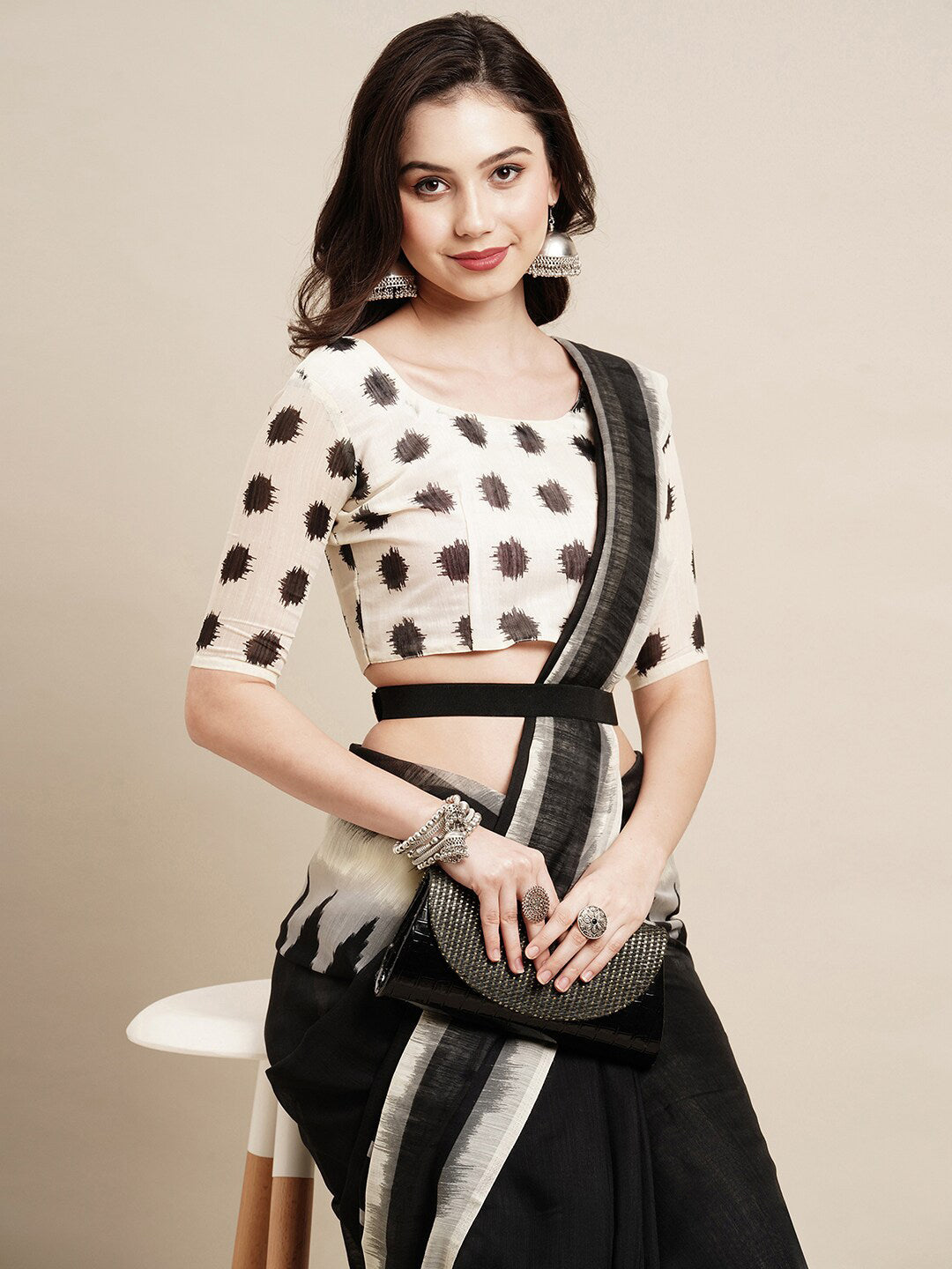Saree Mall Black & White Pure Cotton Saree