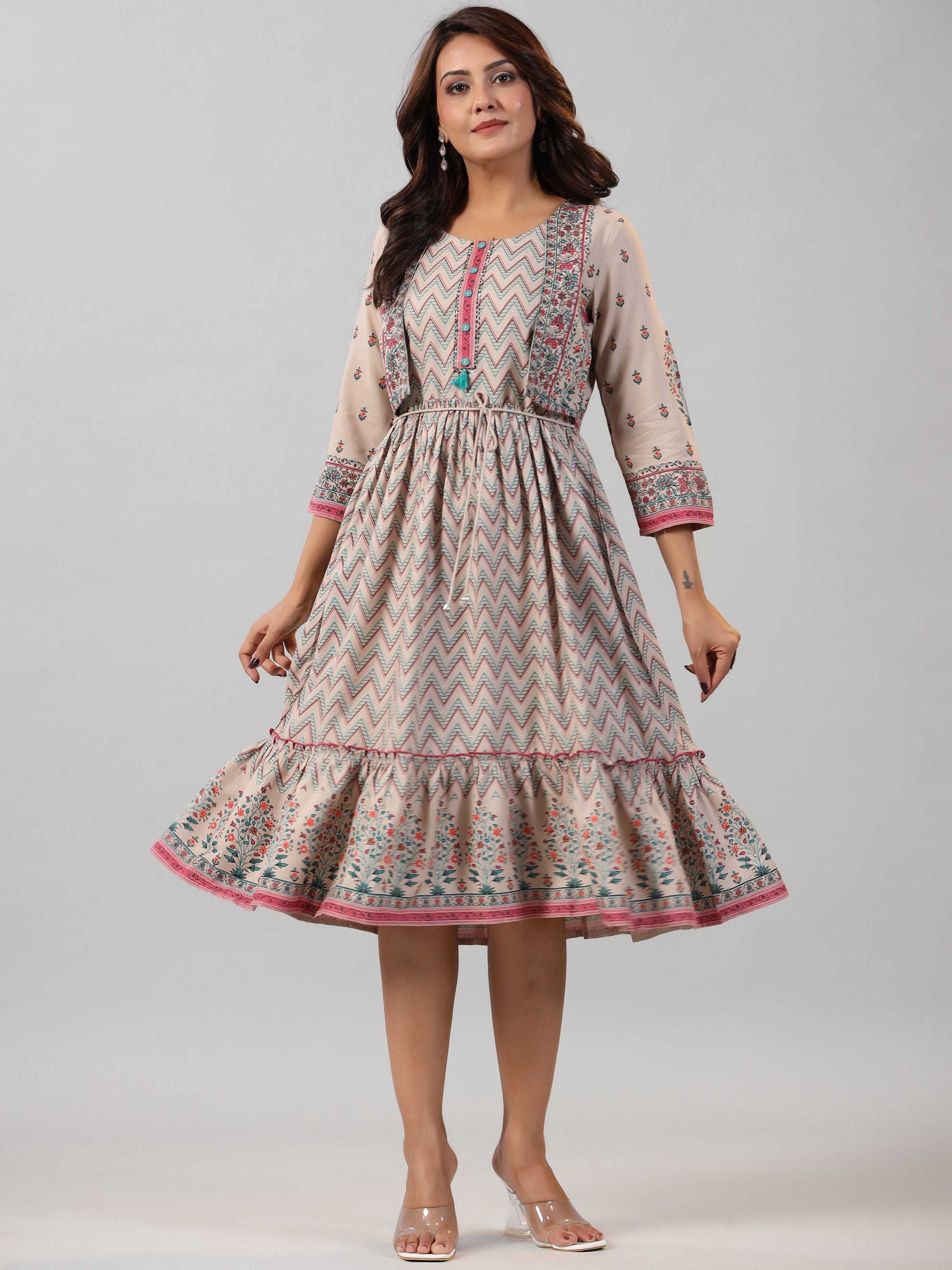 Juniper Women Beige Rayon Printed Jacket Style Midi Dress