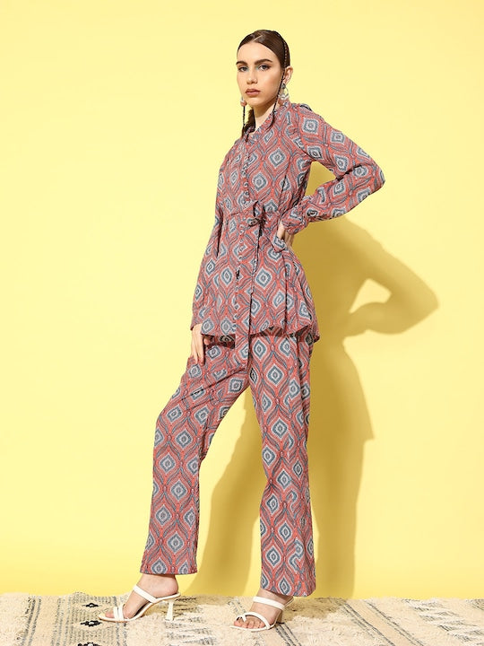 InWeave Women's Pink Blue Ogee Print Belted Coord Set