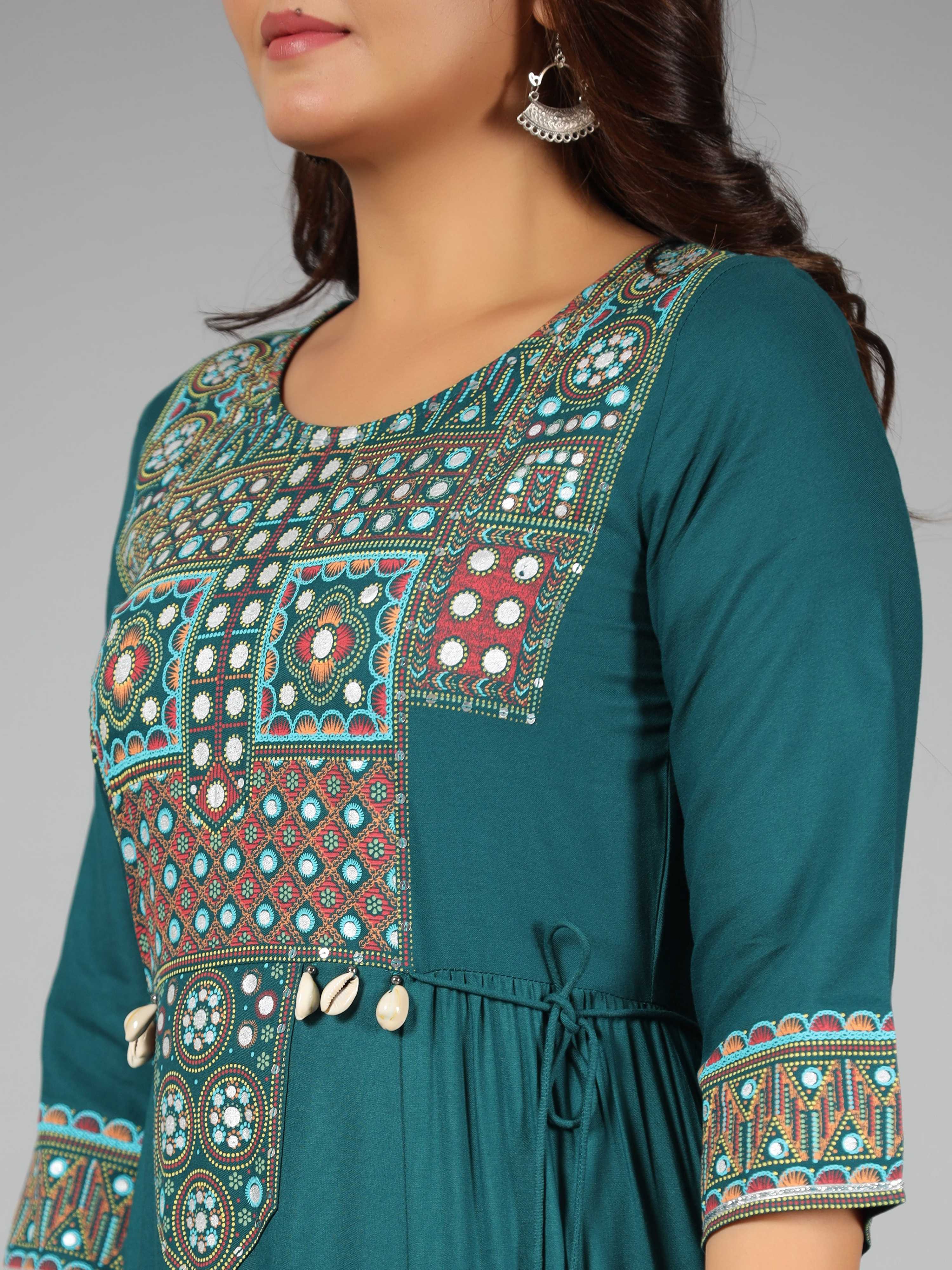 Juniper Women's Teal Rayon Staple Printed Tiered Maxi Dress