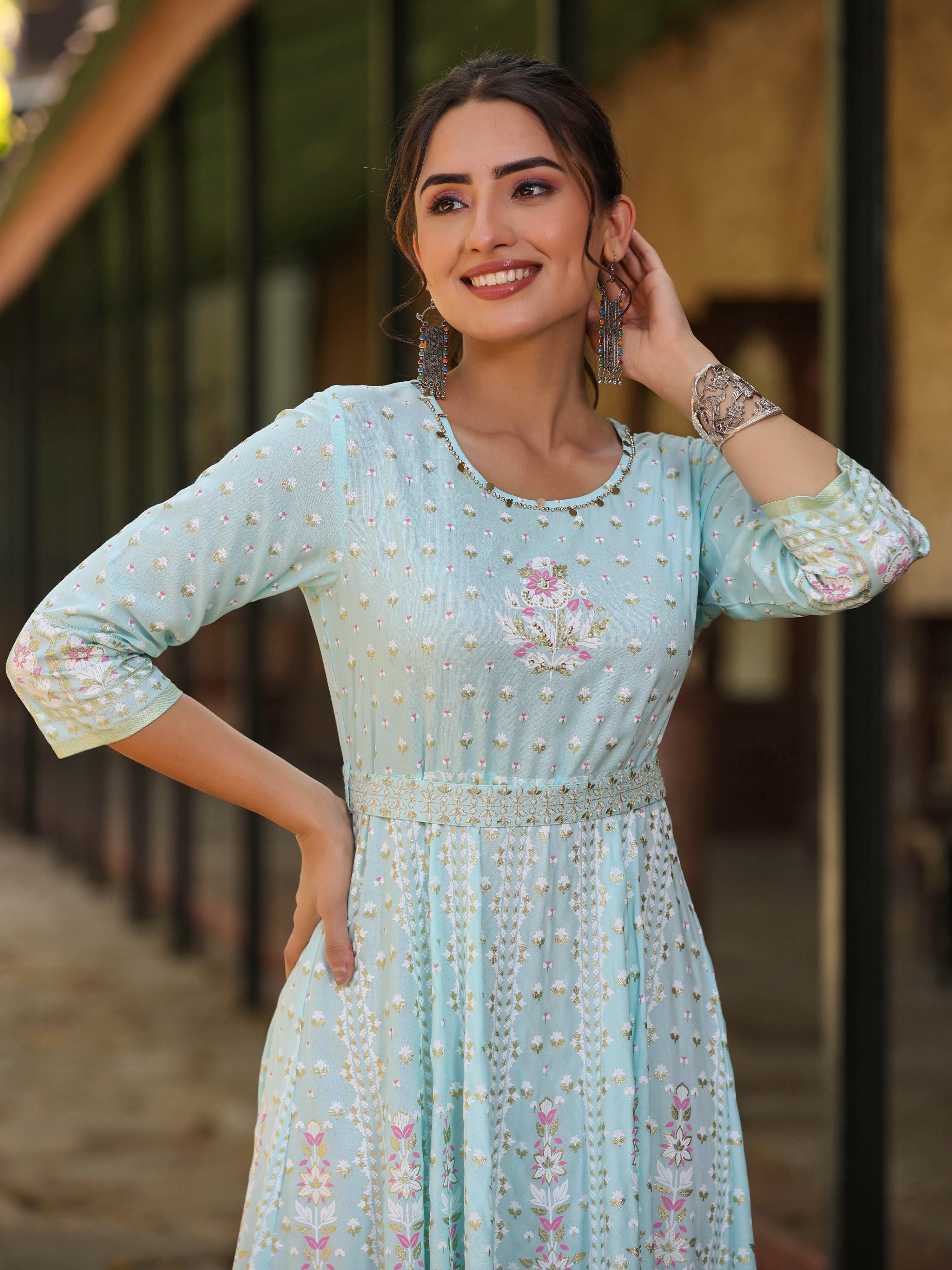 Juniper Women Sky Blue Rayon Staple Printed Maxi Dress
