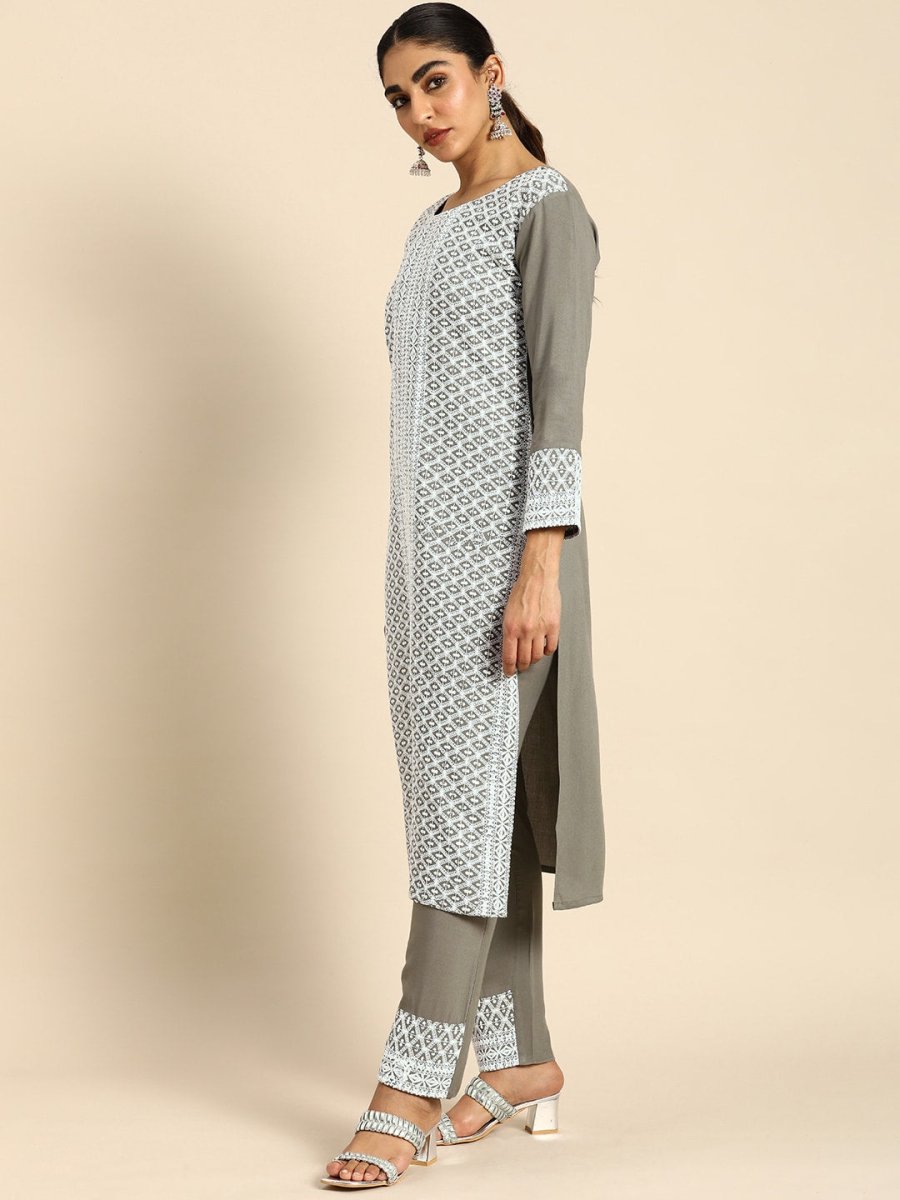All About You Women Embroidered Chikankari Kurta With Trousers & With Dupatta