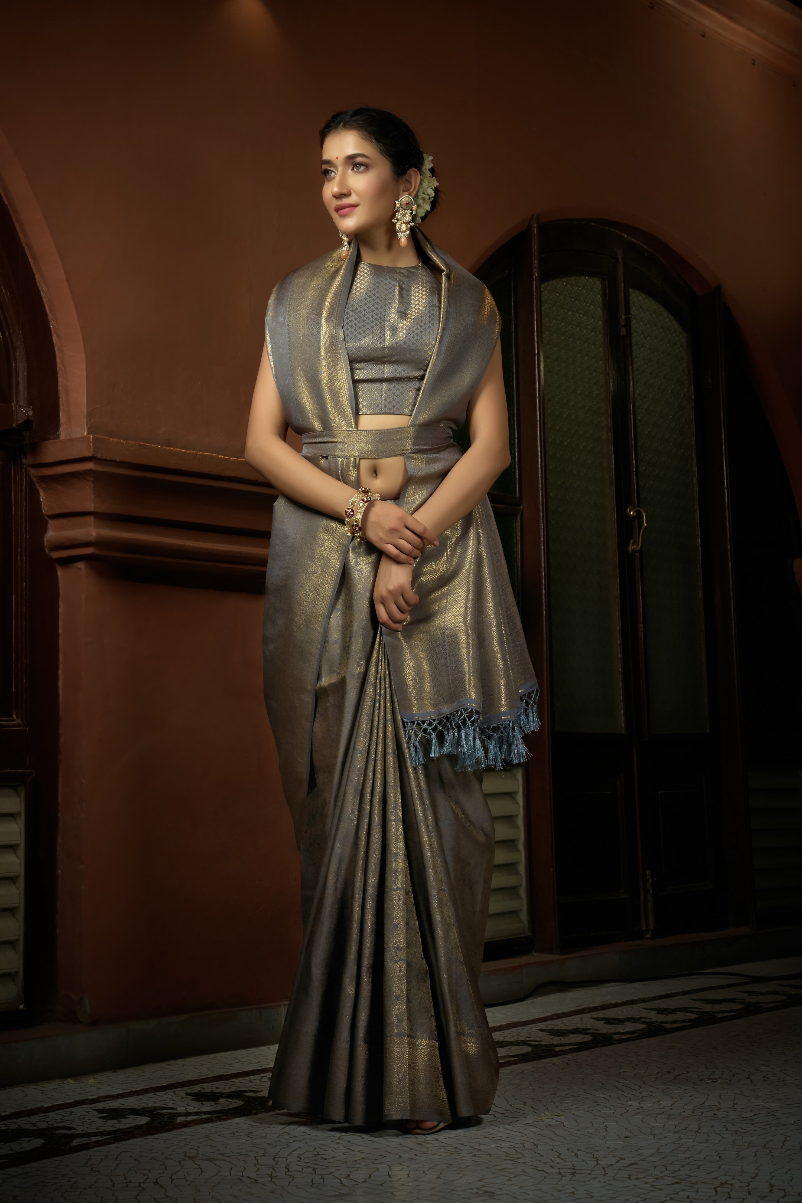 Vardha Platinum Grey Golden Zari Kanjeevaram Silk Saree