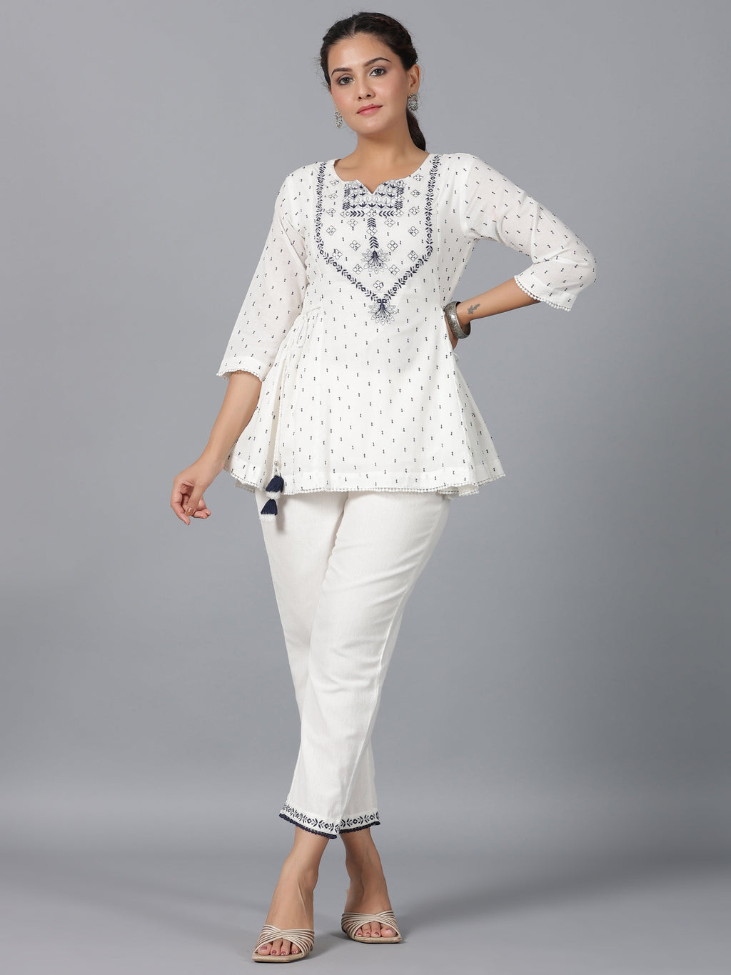 Juniper Women Off-White Cotton Dobby Embroidered Clothing Set