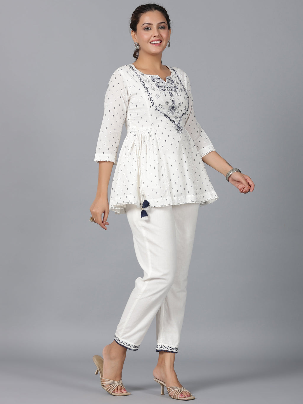 Juniper Women Off-White Cotton Dobby Embroidered Clothing Set