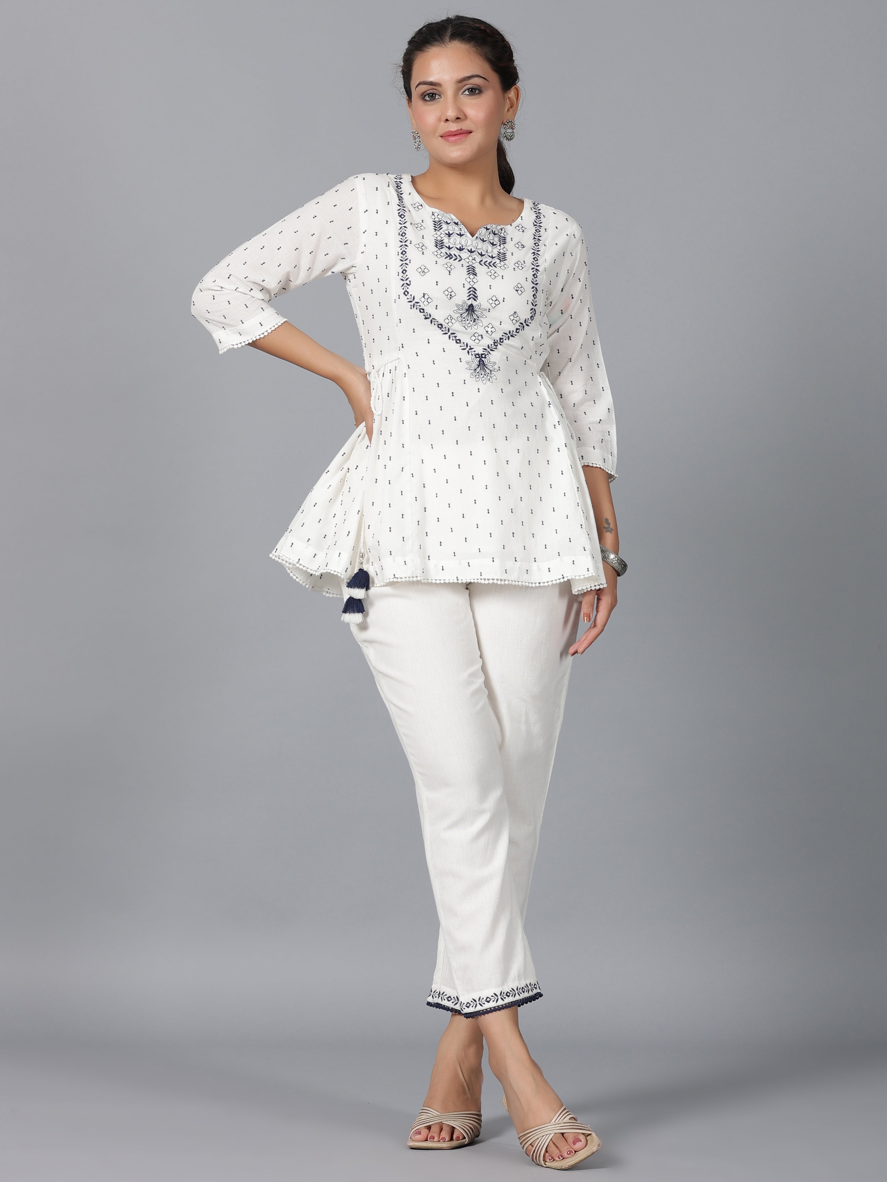 Juniper Women Off-White Cotton Dobby Embroidered Clothing Set