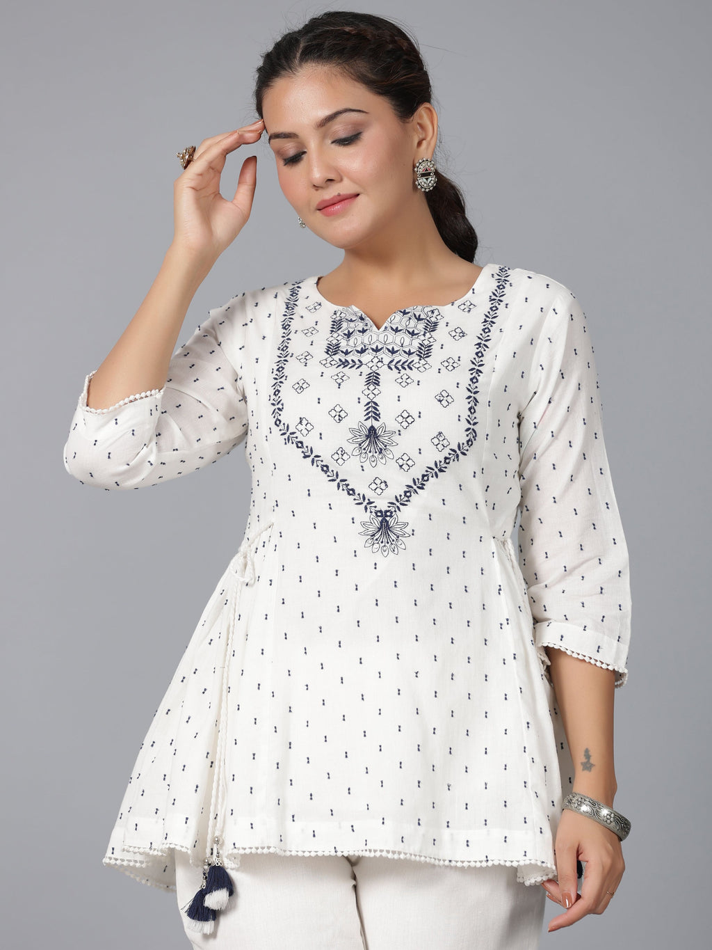 Juniper Women Off-White Cotton Dobby Embroidered Clothing Set
