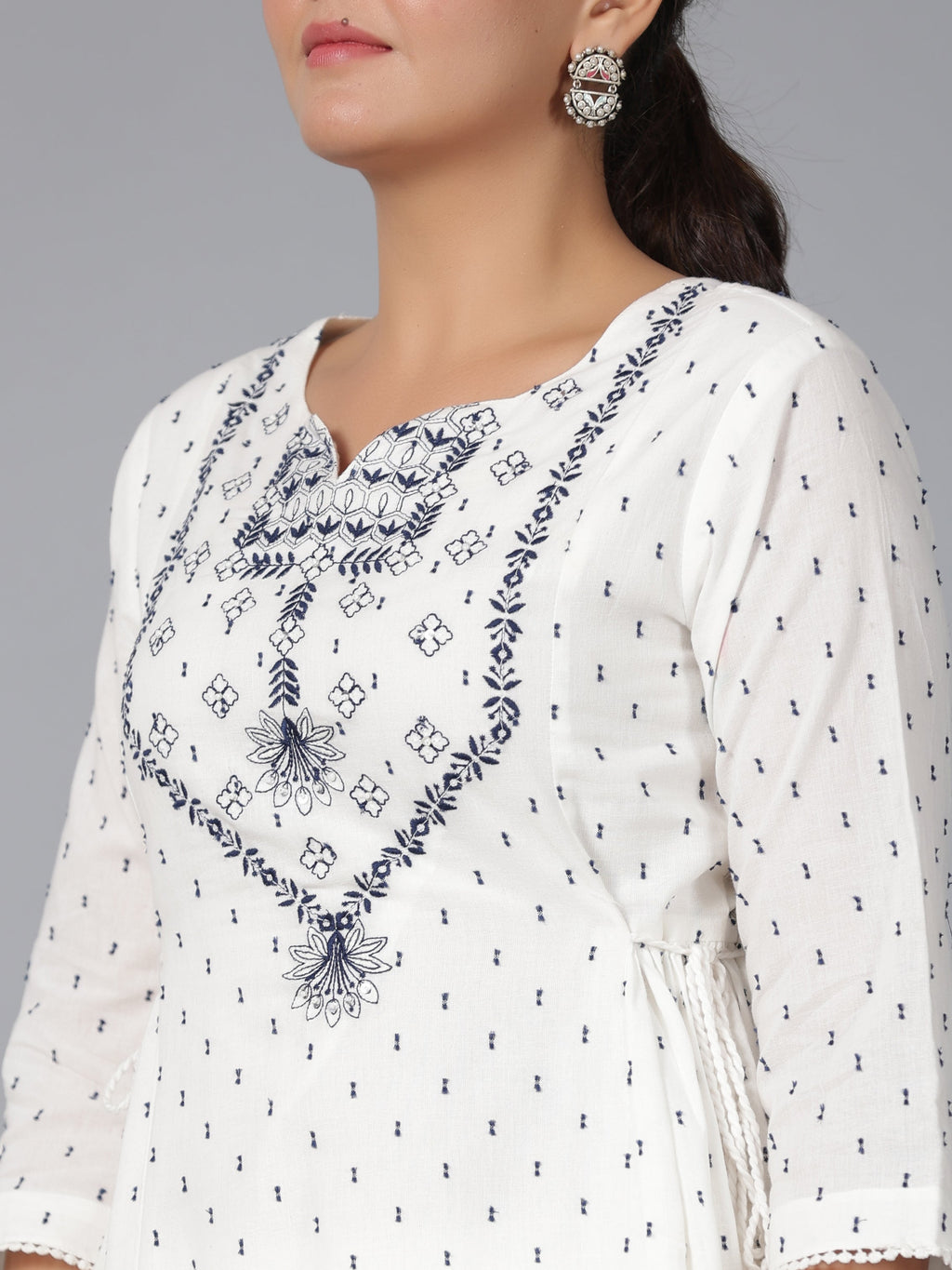 Juniper Women Off-White Cotton Dobby Embroidered Clothing Set