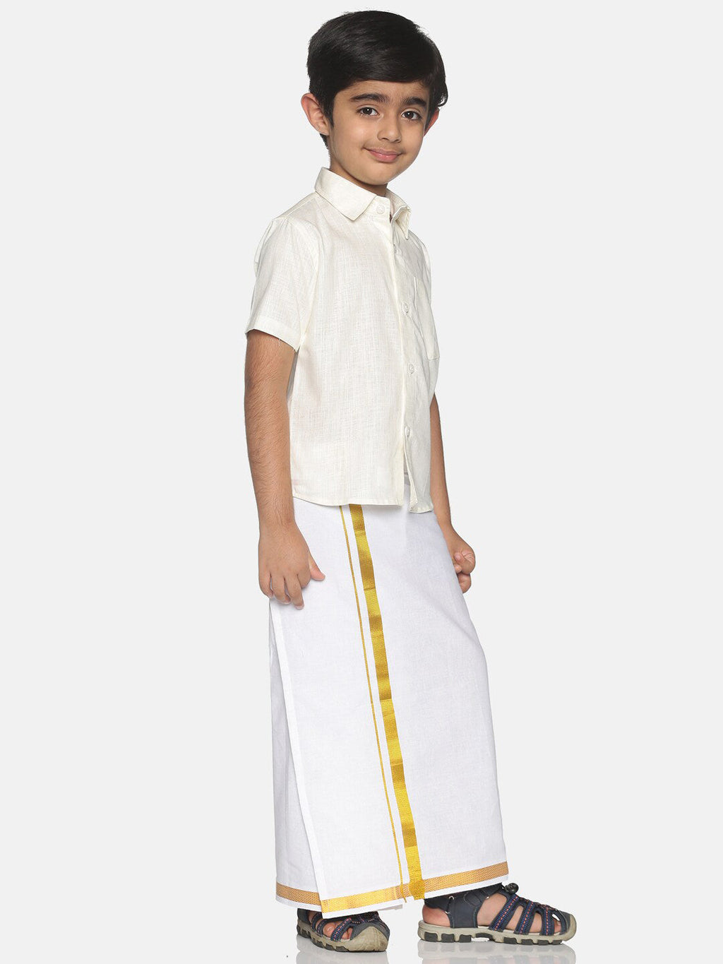 Sethukrishna Boys Cream-Coloured & White Solid Shirt and Veshti Set