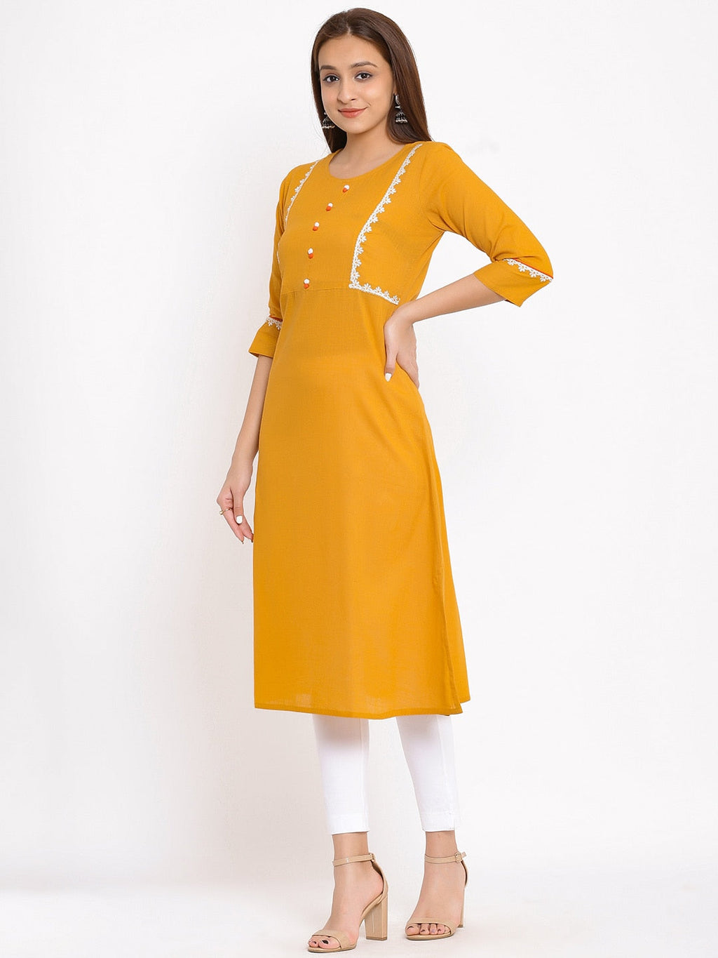 HERE&NOW Mustard Yellow & White Ethnic Motifs Embroidered Straight Kurta