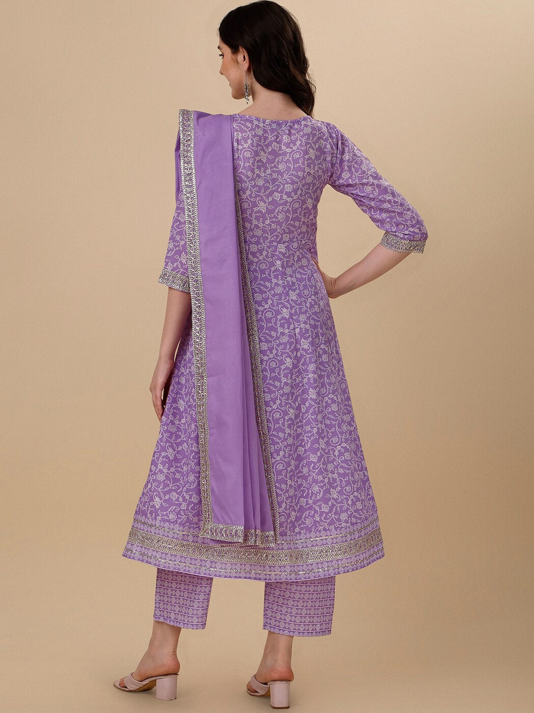 HERE&NOW Purple Floral Printed Pure Cotton A-Line Kurta & Trousers With Dupatta