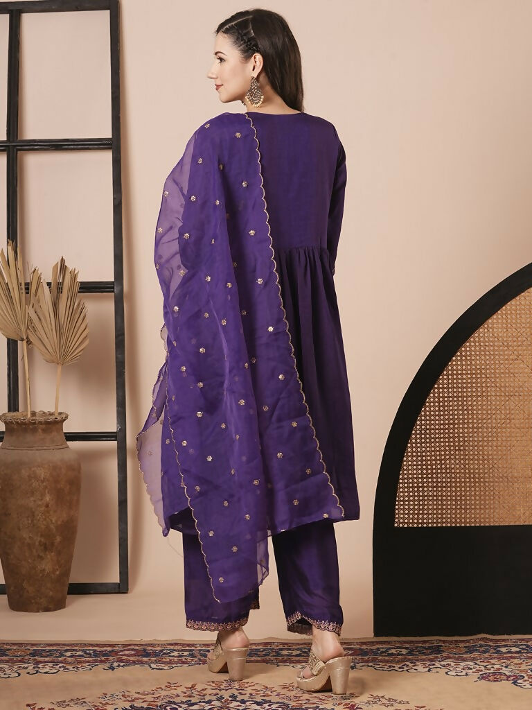 Purple Vichitra Silk Embroidery Work Kurta Set - Riya