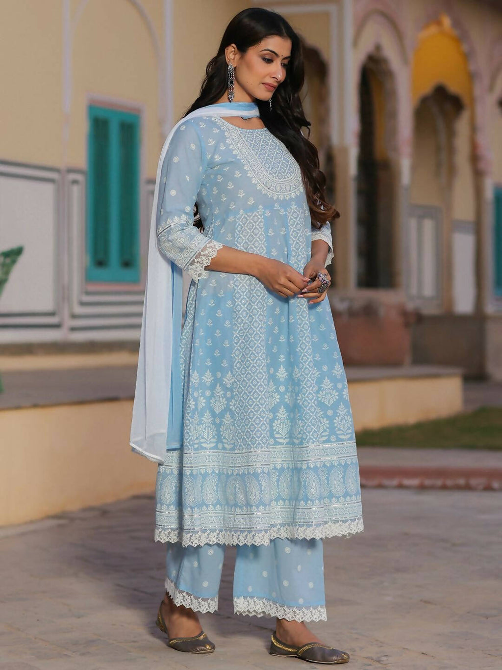 Juniper Women's Powerblue Cambric Floral Printed Anarkali Kurta Sets