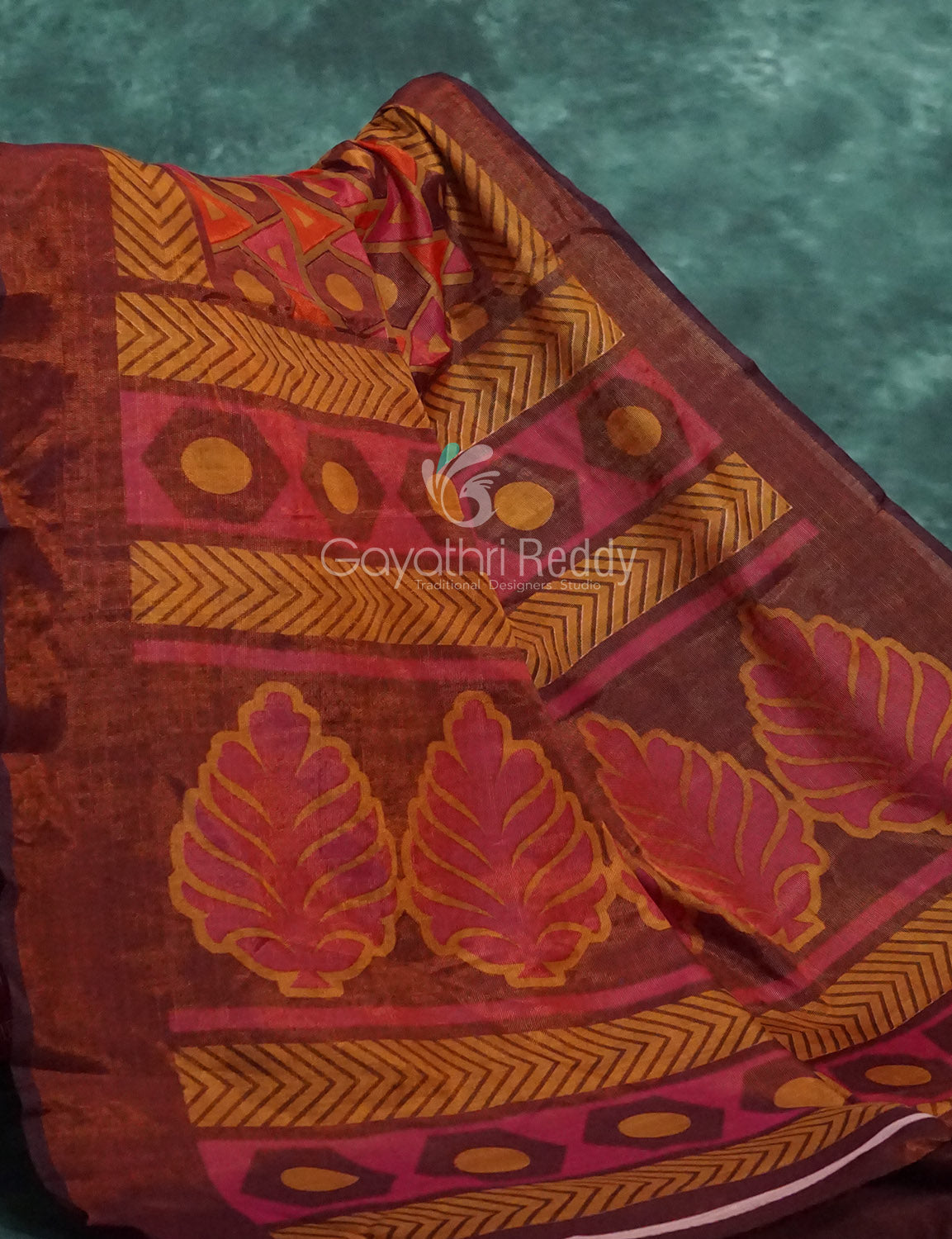Orange And Henna Brown Colour With Geometrical Print Semi Chanderi Saree. By Gayathri Reddy Designer Studio