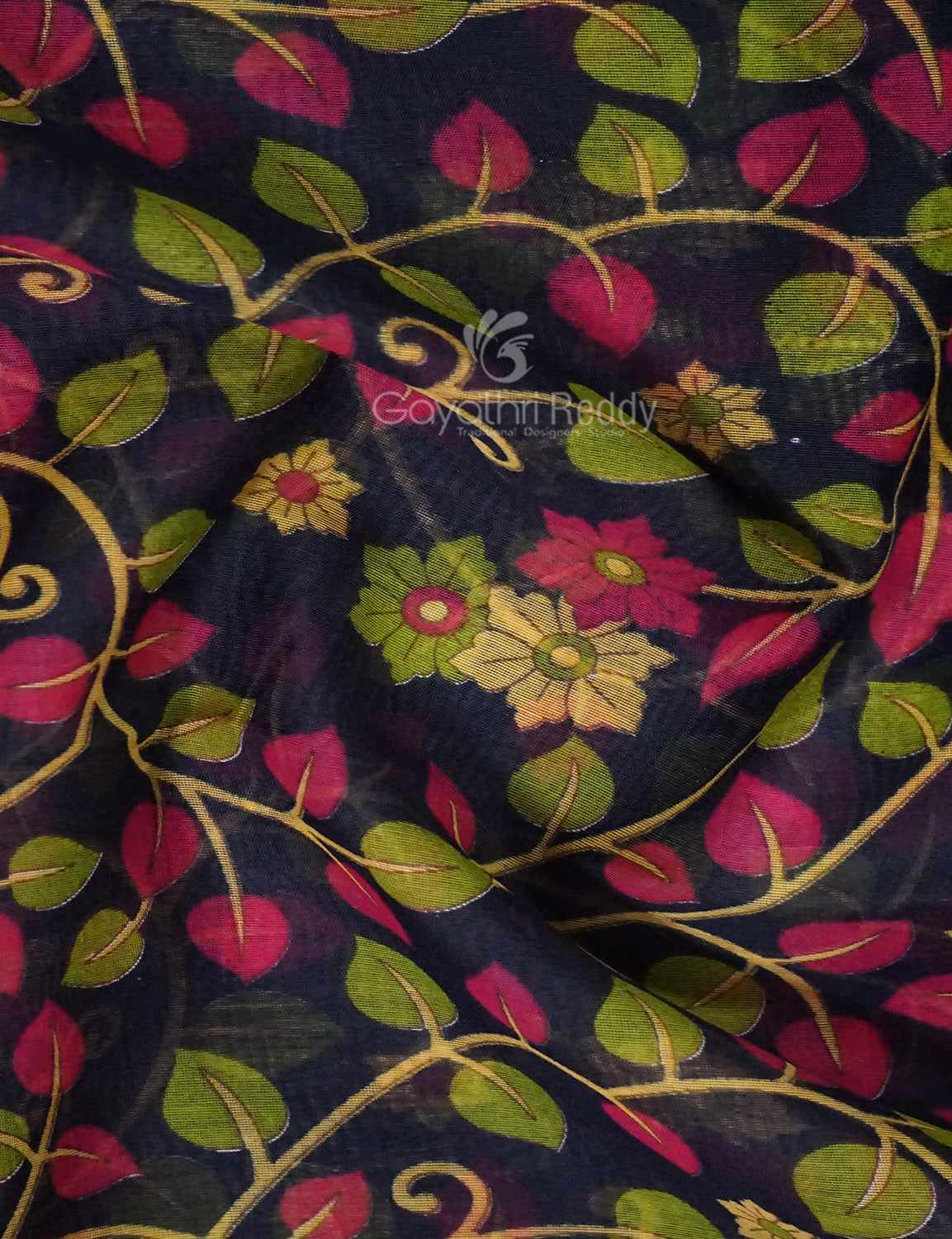 Shades of Navy Blue Colour Kalamkari Design Semi Chanderi Saree By Gayathri Reddy Designer Studio