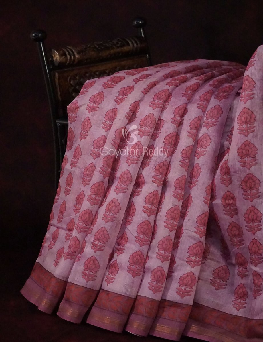 Baby Pink Colour Block Print Design Semi Chanderi Saree By Gayathri Reddy Designer Studio