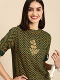 All About You Women Green & Yellow Floral Embroidered Thread Work Pure Cotton Kurta