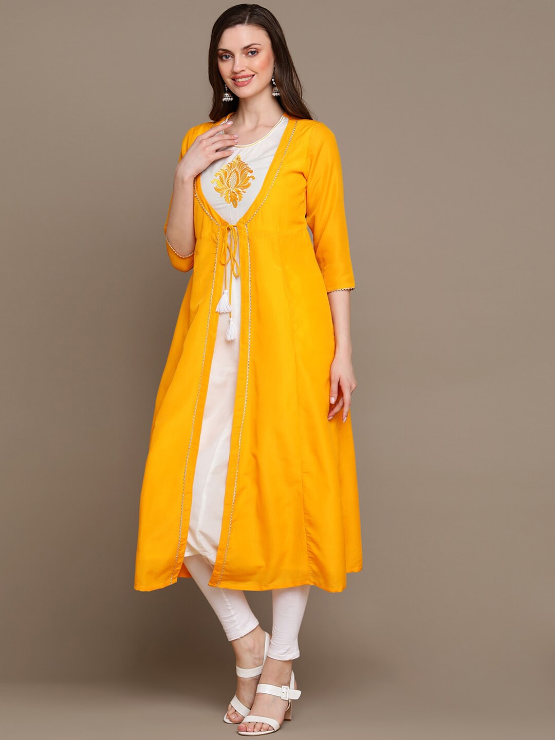 HERE&NOW Round Neck Embroidered Yoke Design Gotta Patti Layered Pure Cotton A-Line Kurta