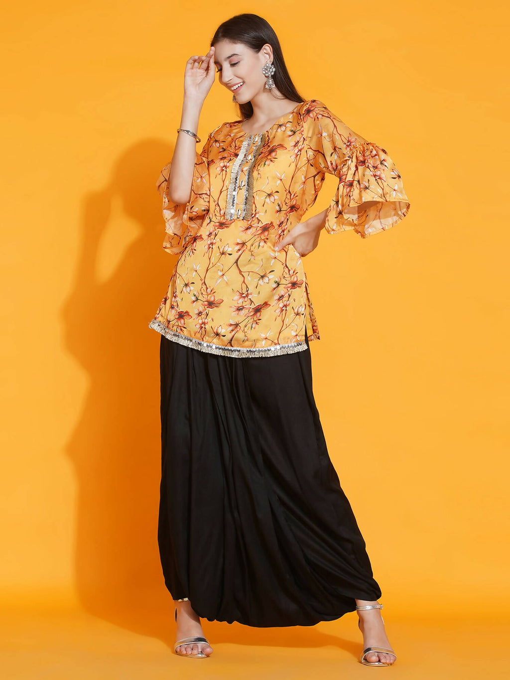 Women Republic Yellow Printed Satin Georgette Shirt With Bell Sleeves And Dhoti