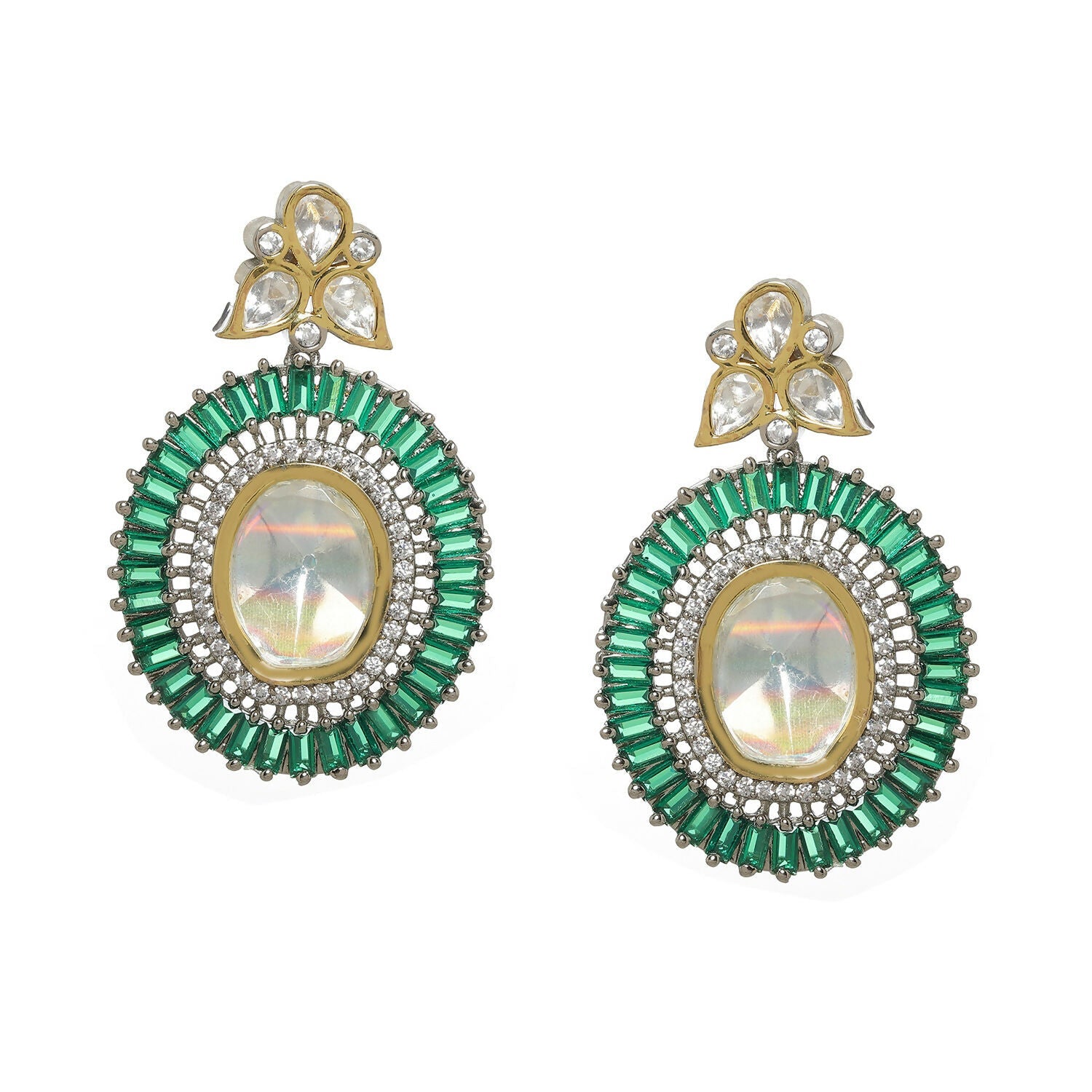 Kundan and Diamond with Green Stones Dangler Earrings (Green) - Ruby Raang
