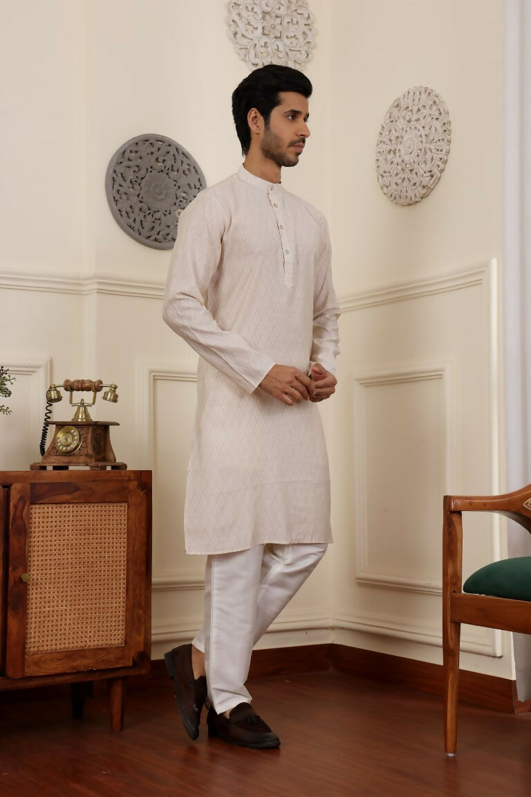 White Modal Silk Woven Designer Men's Rajwadi Kurta Set - Mahotsav