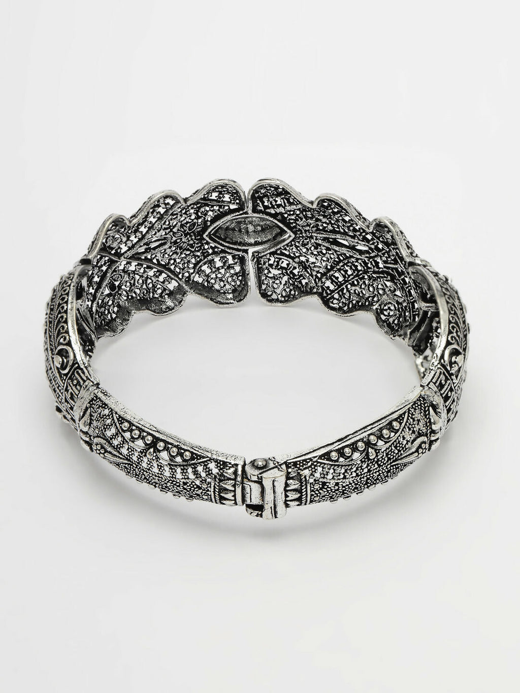 NVR Women's Silver-Toned German Silver Oxidised Kada Bangle