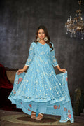 Jyoti Fashion Women's Sky Blue Net Embroidered Anarkali Kurta Pant Set With Dupatta