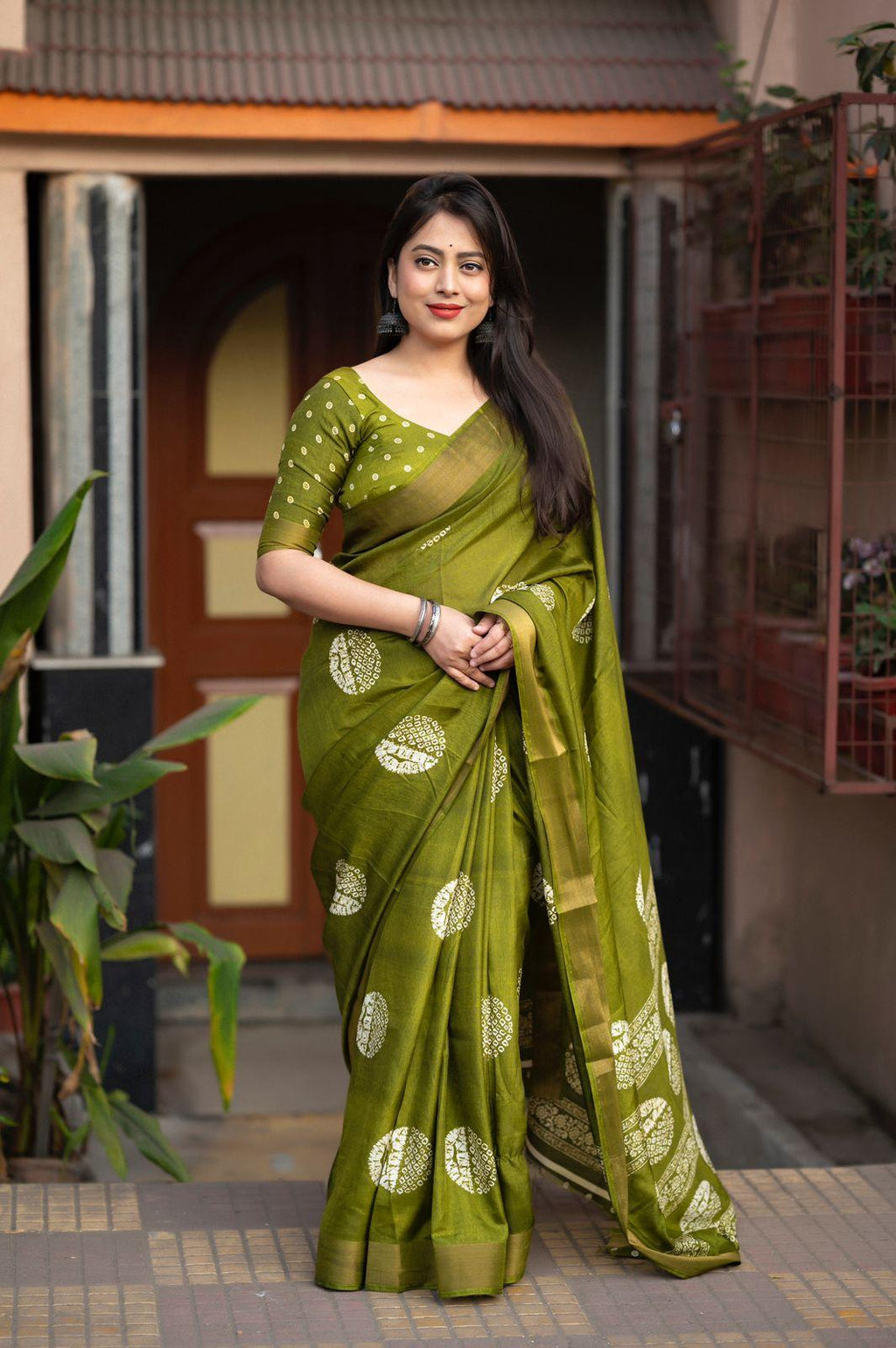 Mehndi Cotton Crepe Batik Print Saree with Unstitched Blouse - Hiral Fashion